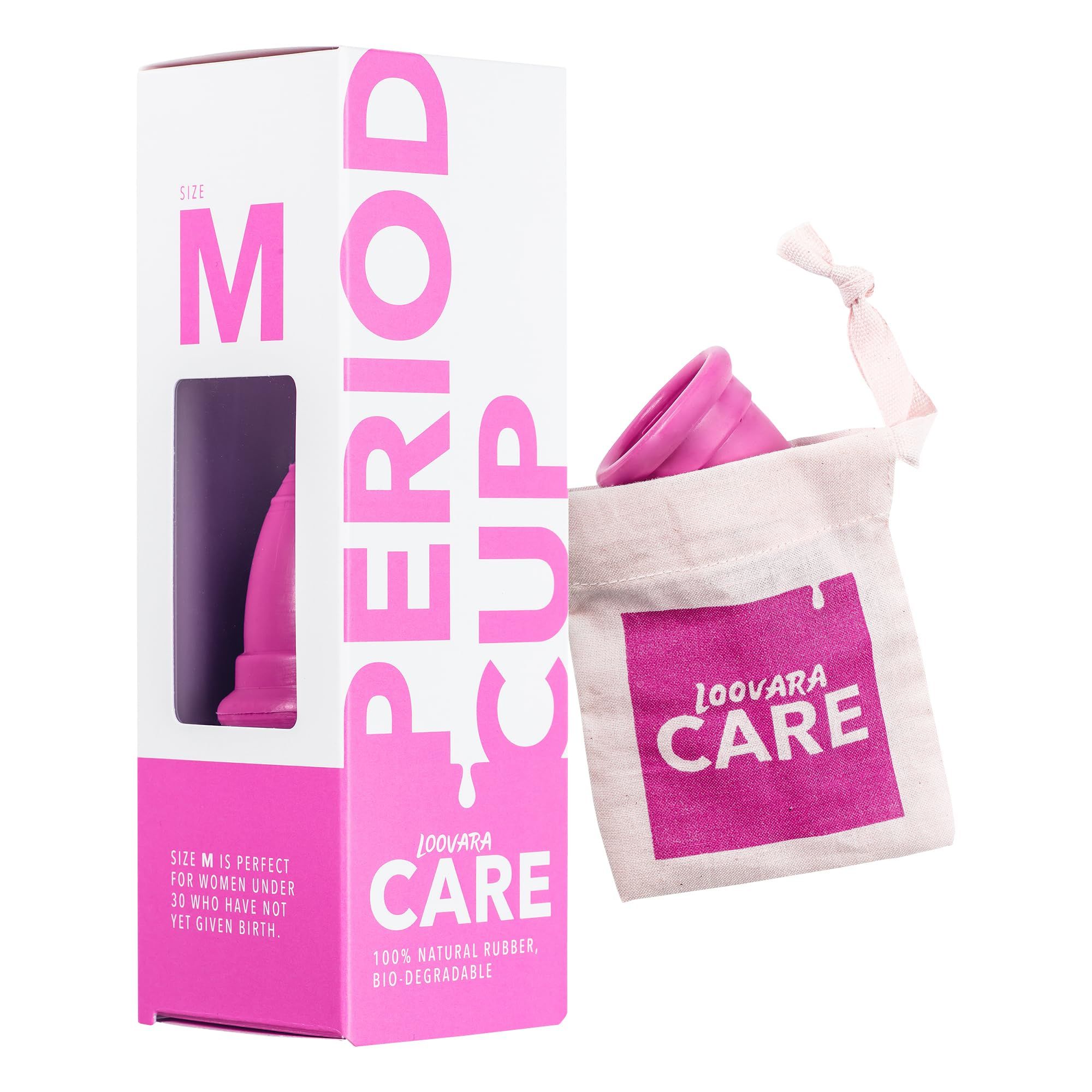 Verpackung und Menstruationstasse Größe M aus Naturkautschuk in einem Stoffbeutel.