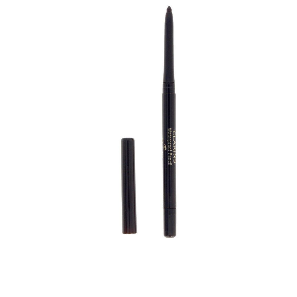 Brauner, wasserfester Stift mit geöffneter Kappe. Aufschrift: Clarins Waterproof Pencil.