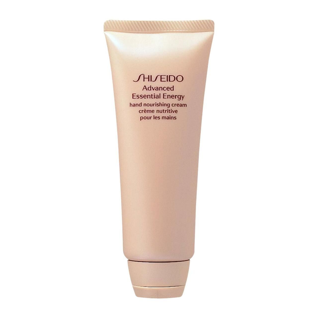 Beigefarbene Tube mit Produkttext. Aufschrift: Shiseido, Advanced Essential Energy, Hand Nourishing Cream, Crème nutritive pour les mains.