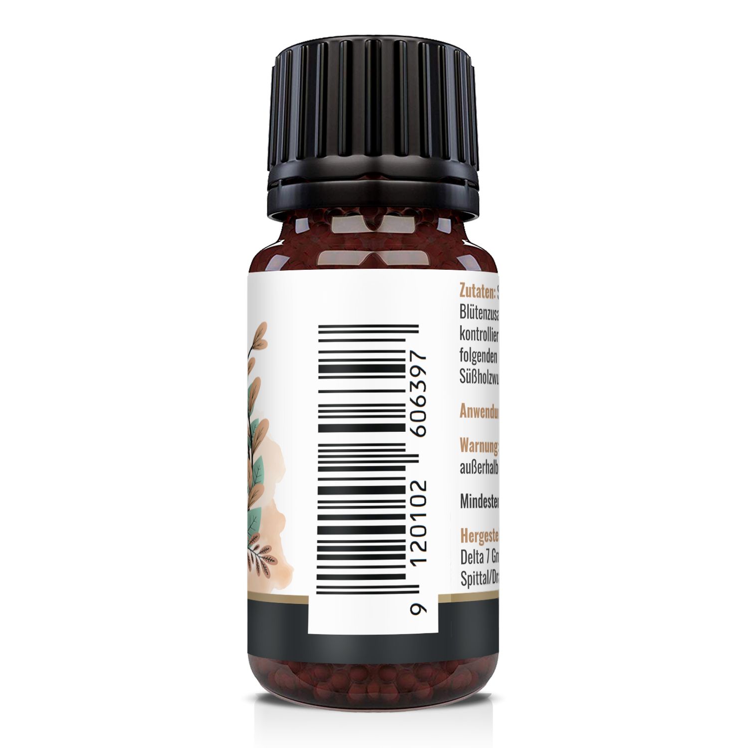 Braune Glasflasche mit schwarzem Deckel. Etikett mit Barcode und floralem Design. Herstellerinformationen.