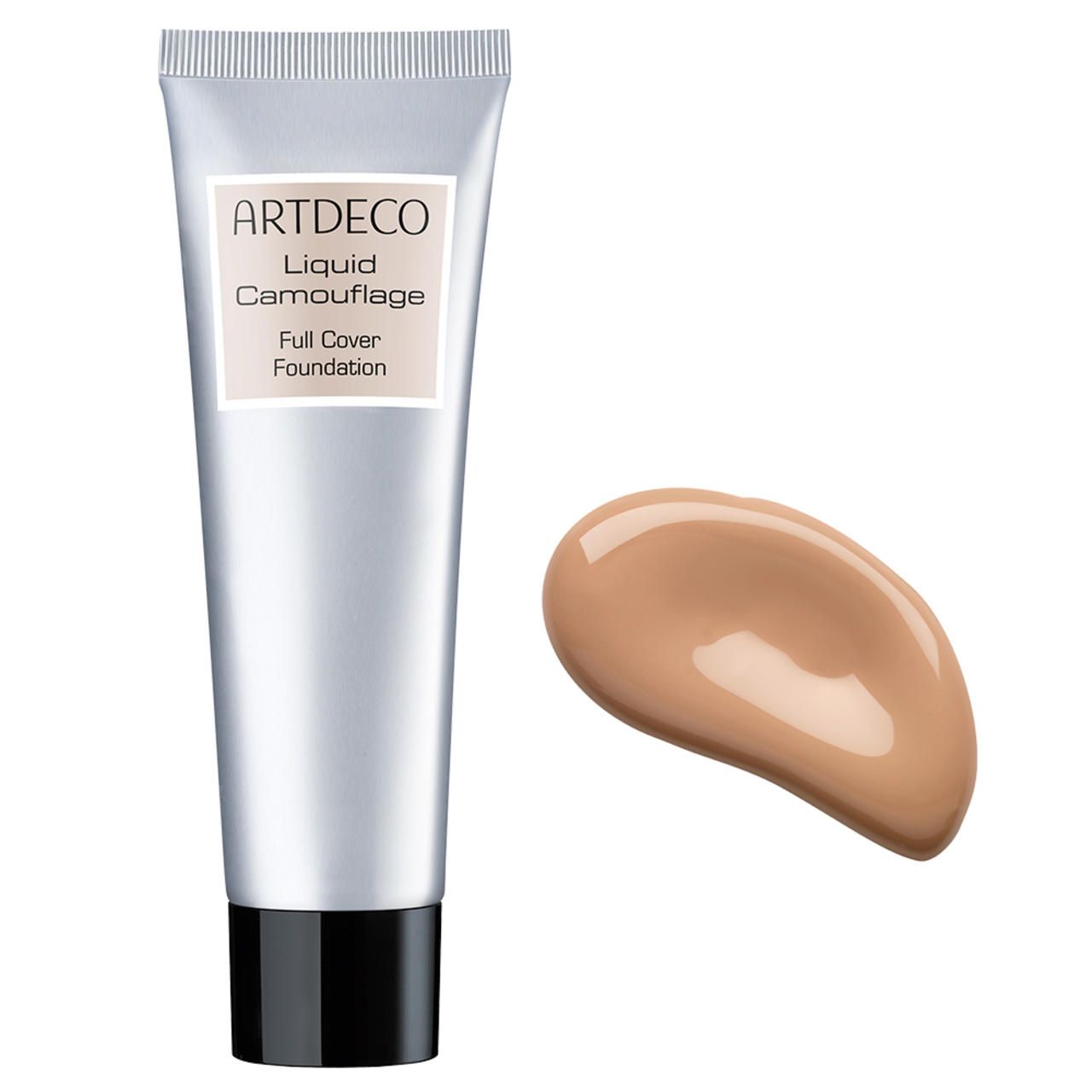 Silberne Tube mit schwarzem Deckel und Produktprobe. Aufschrift: ARTDECO Liquid Camouflage Full Cover Foundation.