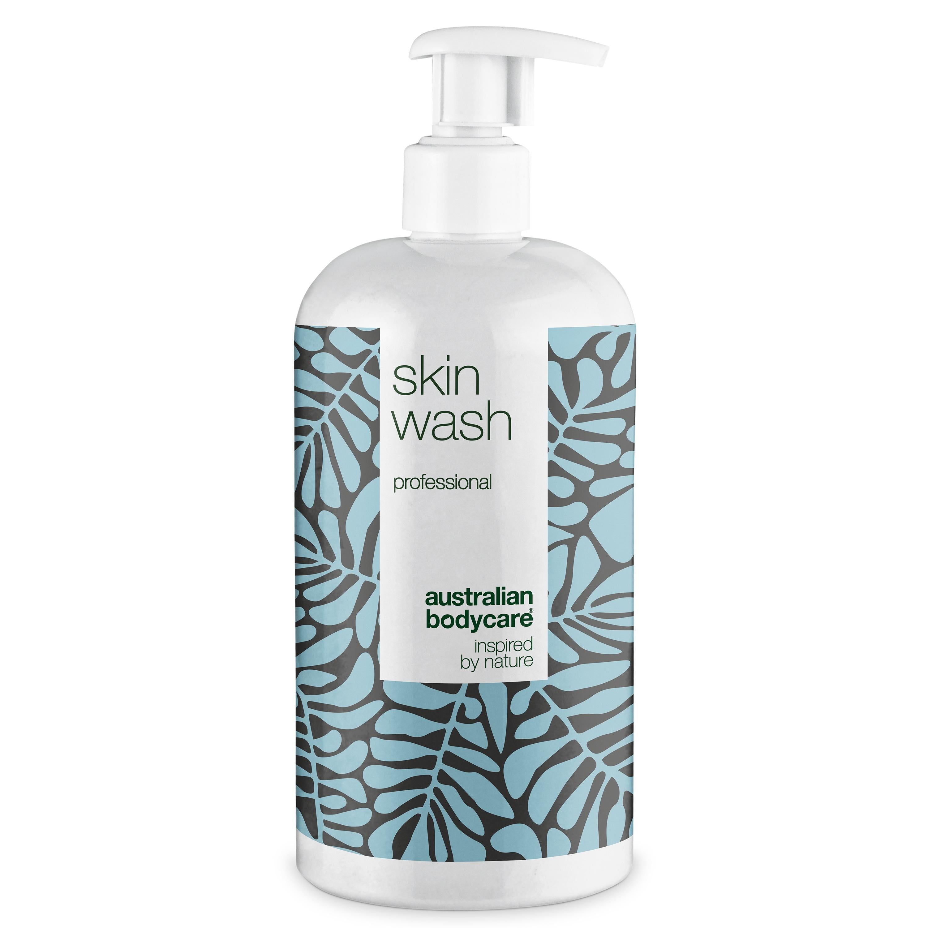 Witte fles met 'skin wash professional'. Blauw bladpatroon. Witte pomp. 'Australian Bodycare' logo.