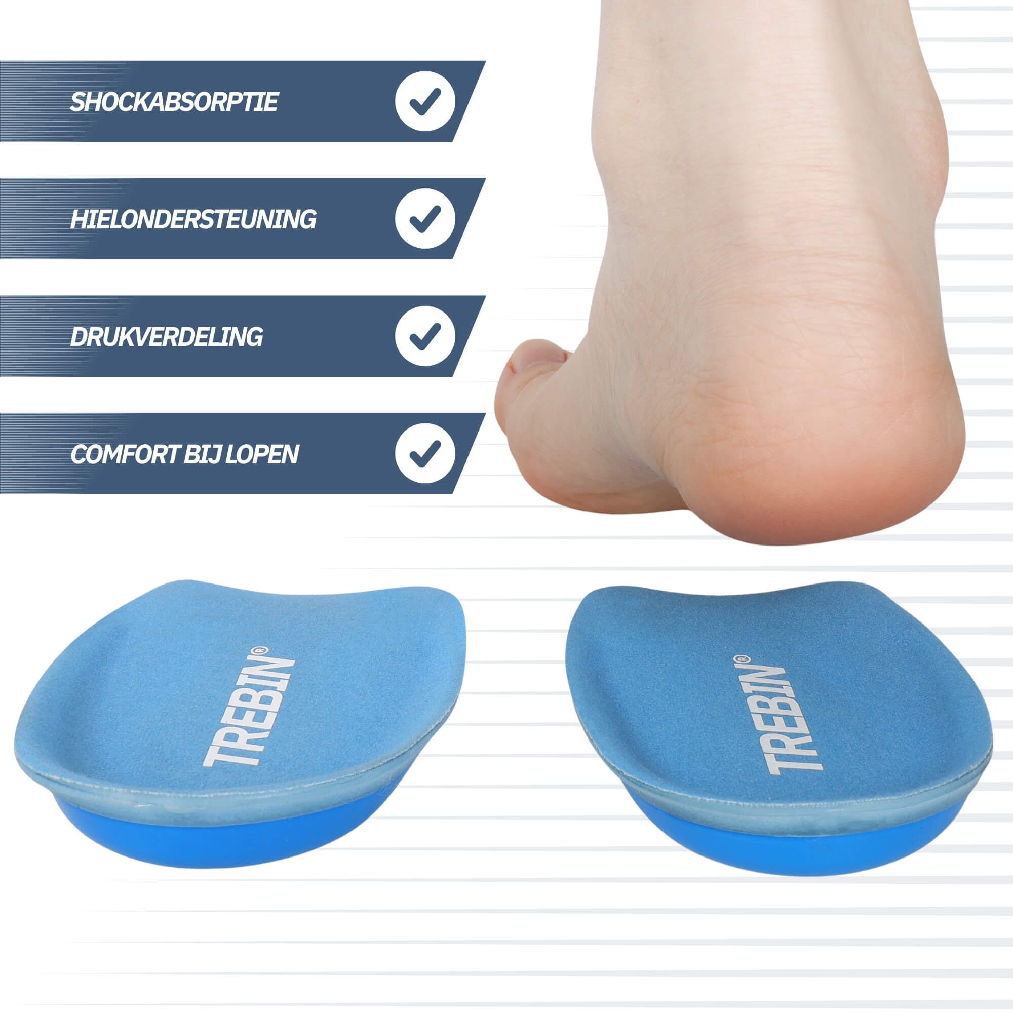 Zwei blaue Ferseneinlagen mit "TREBIN"-Logo, eine mit orangefarbenem Gel-Einsatz, seitlich blaue Gel-Ränder.