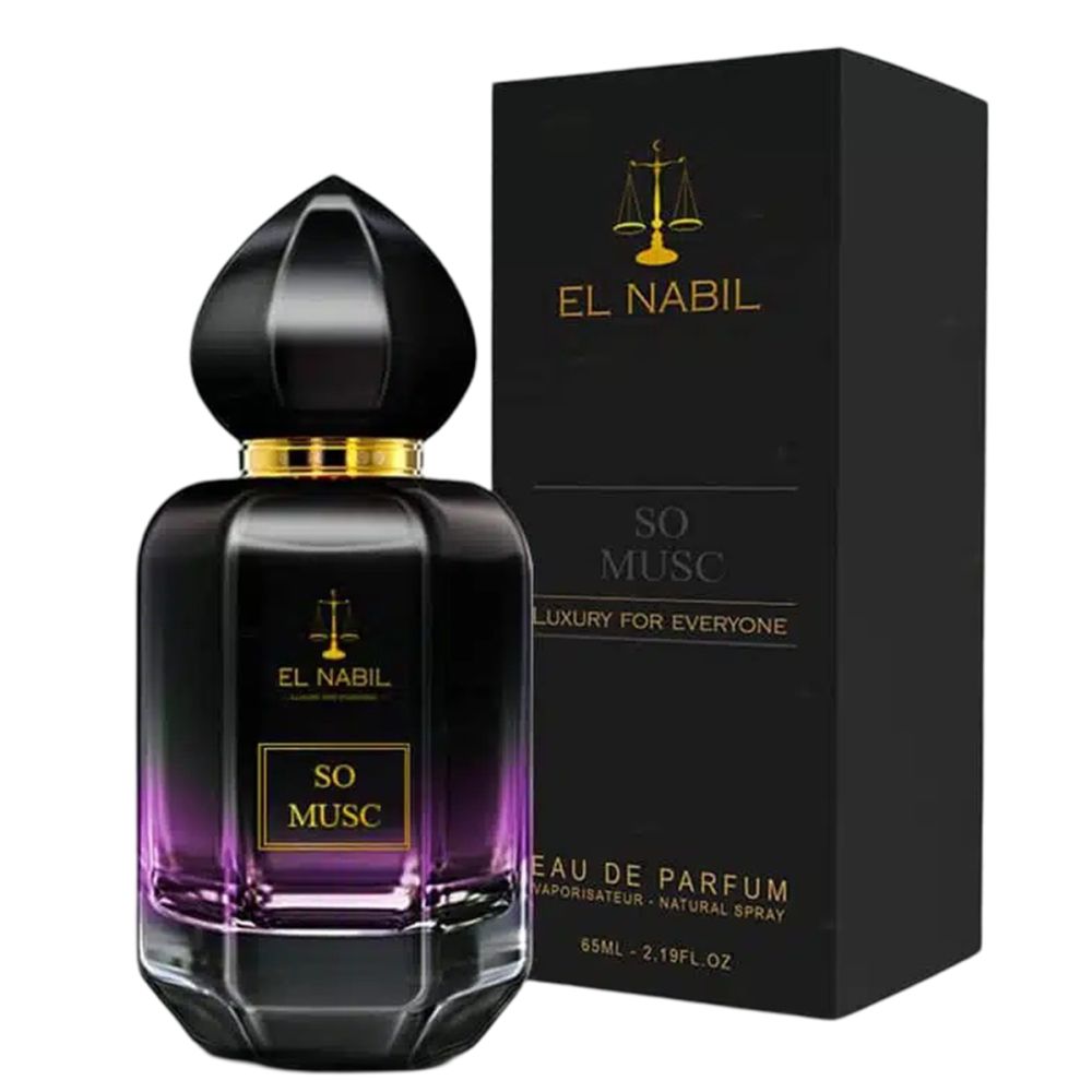 Schwarze Flasche mit goldener Kappe und Etikett. Aufschrift: El Nabil, So Musc. Schwarze Verpackung mit Logo und Text.
