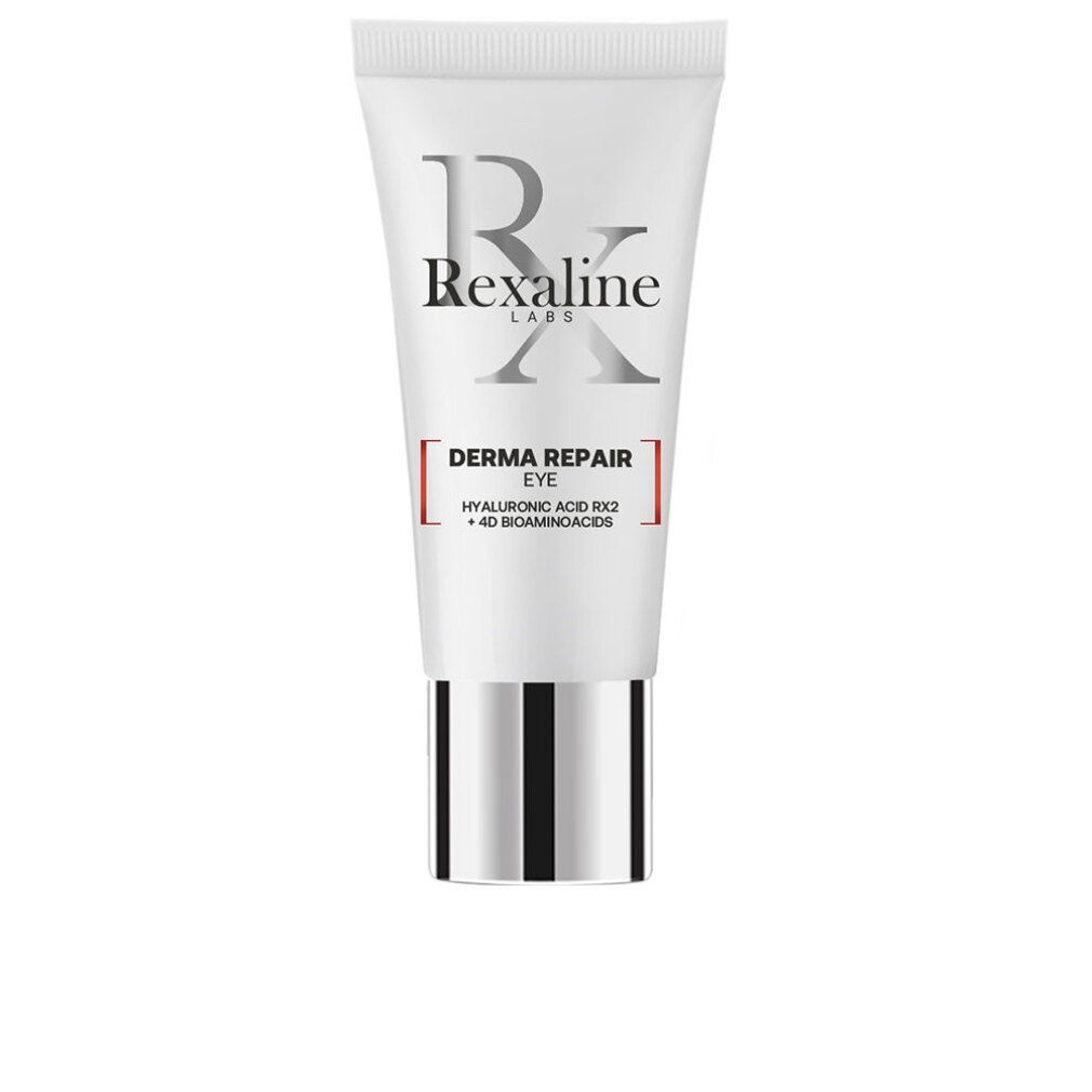 Weiße Tube mit silbernem Verschluss. Aufschrift: Rexaline Labs Derma Repair Eye. Enthält Informationen zu Inhaltsstoffen.
