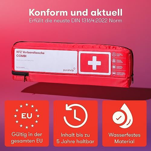 Rote KFZ Verbandtasche Combi mit weißem Feld und Kreuz. Enthält EU-Zertifizierung, 5 Jahre Haltbarkeit und wasserfestes Material.