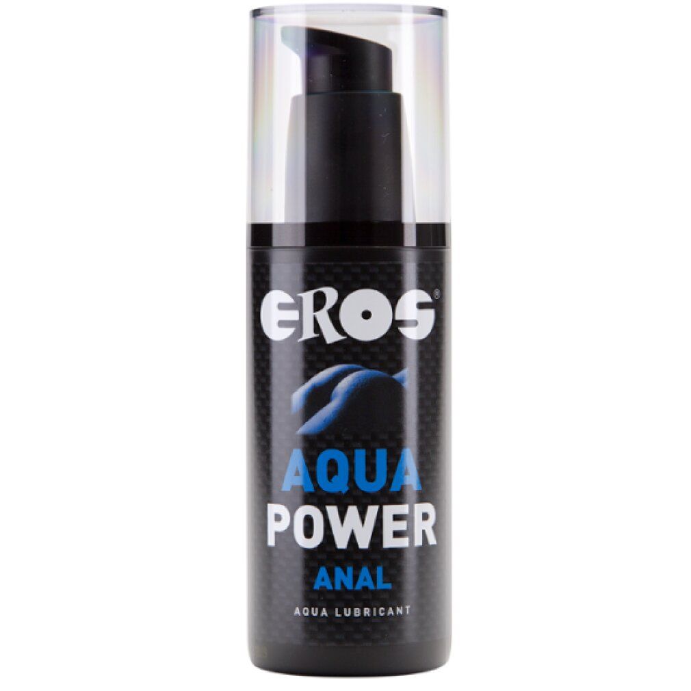Schwarze Flasche mit Pumpe. Aufschrift: EROS, AQUA POWER, ANAL. Aqua Lubricant.