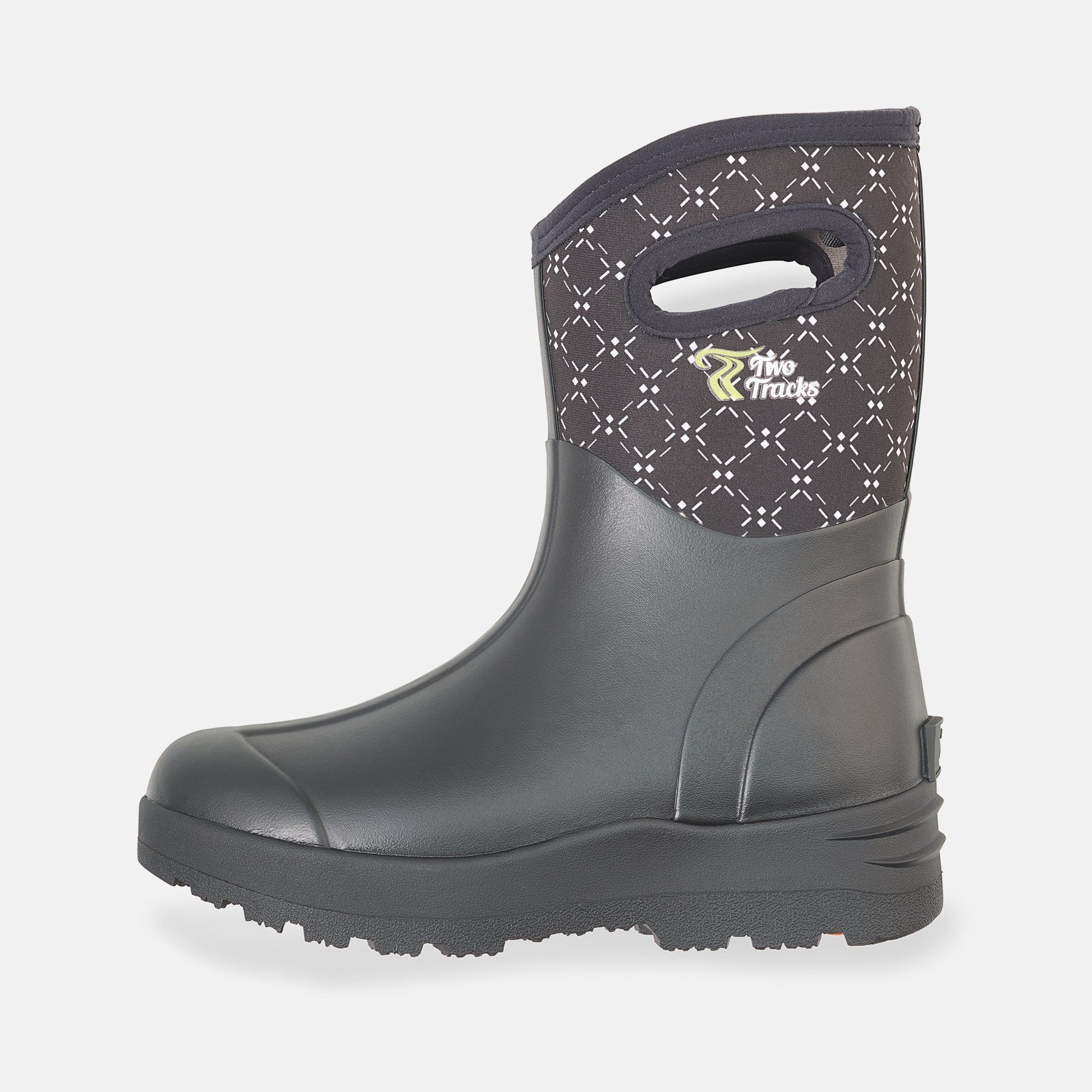 Schwarzer Stiefel mit breiter Passform. Schaft mit Muster. Sohle mit Profil.