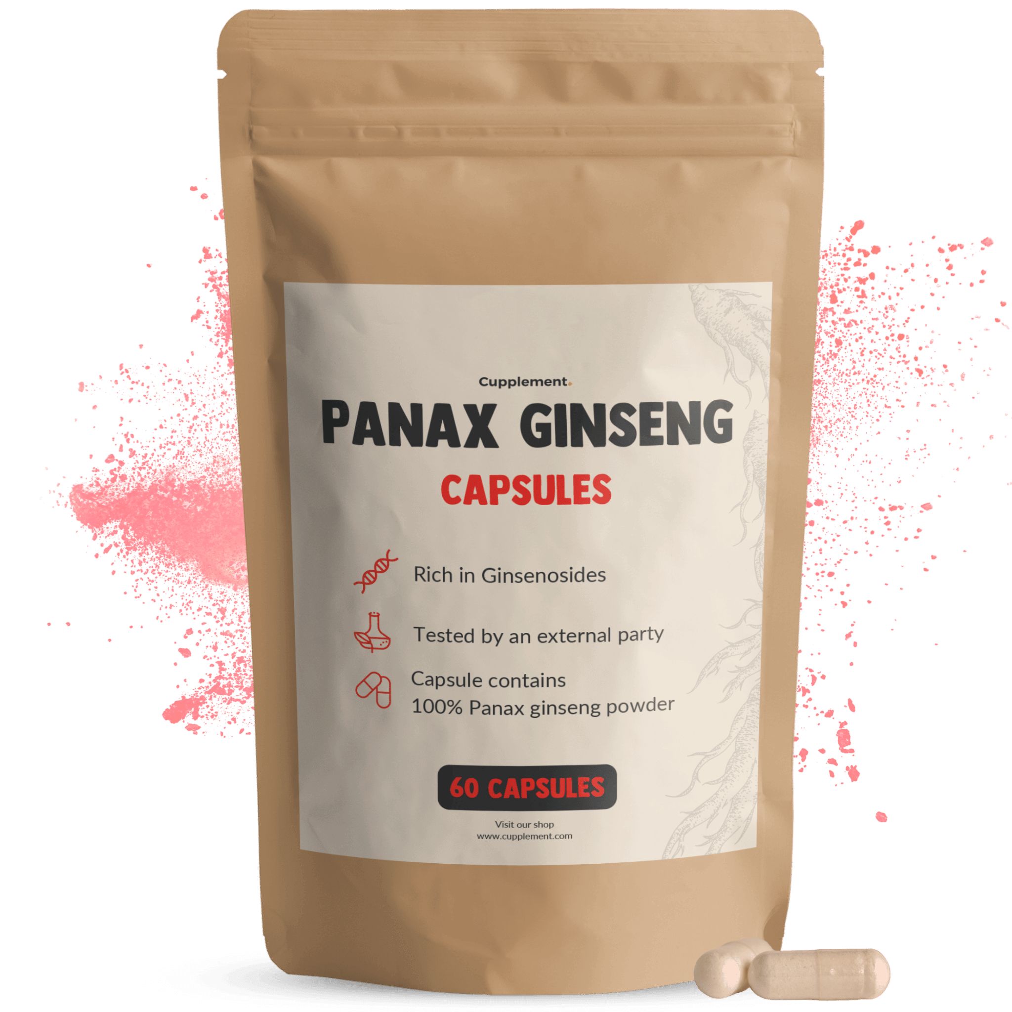 Beutel mit Kapseln. Aufschrift: PANAX GINSENG CAPSULES. Enthält 60 Kapseln. Braune Kapseln liegen daneben.