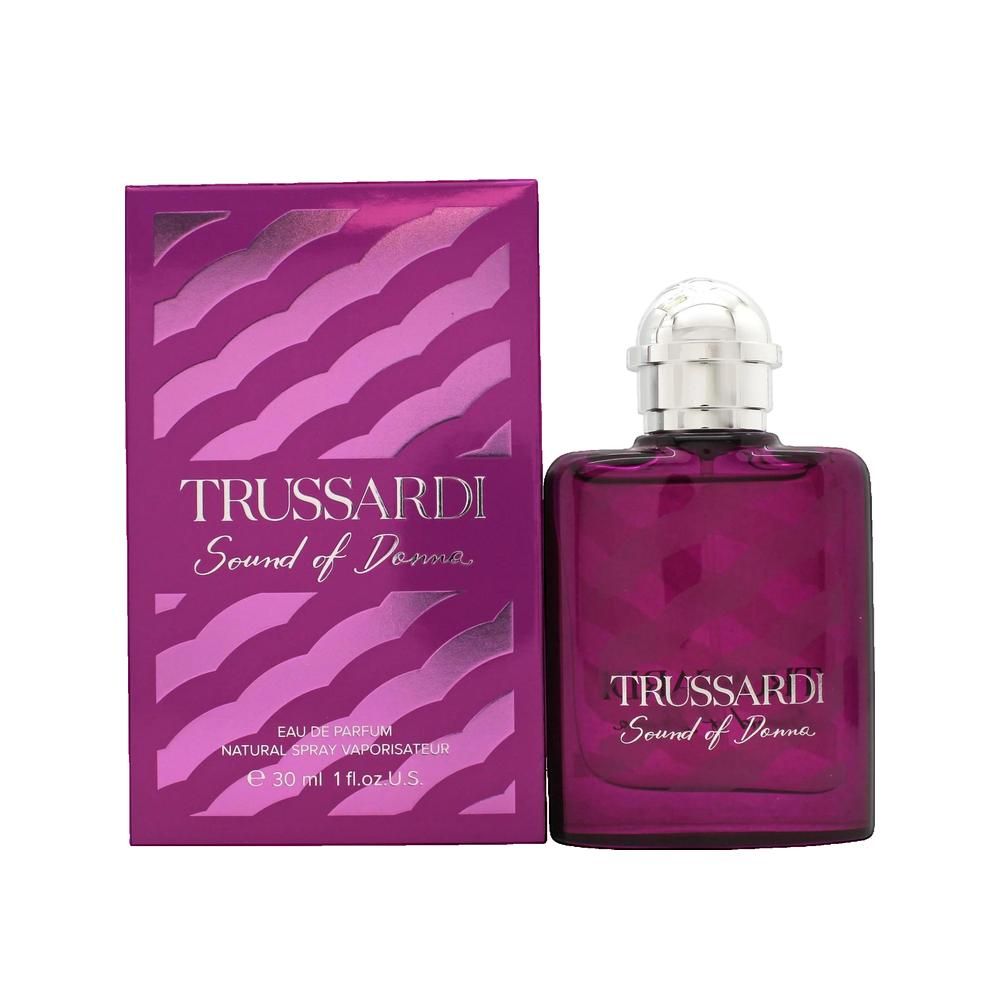Flakon und Verpackung von Trussardi Sound of Donna. Flakon quadratisch, pink. Verpackung pink mit Wellenmuster und Schriftzug.