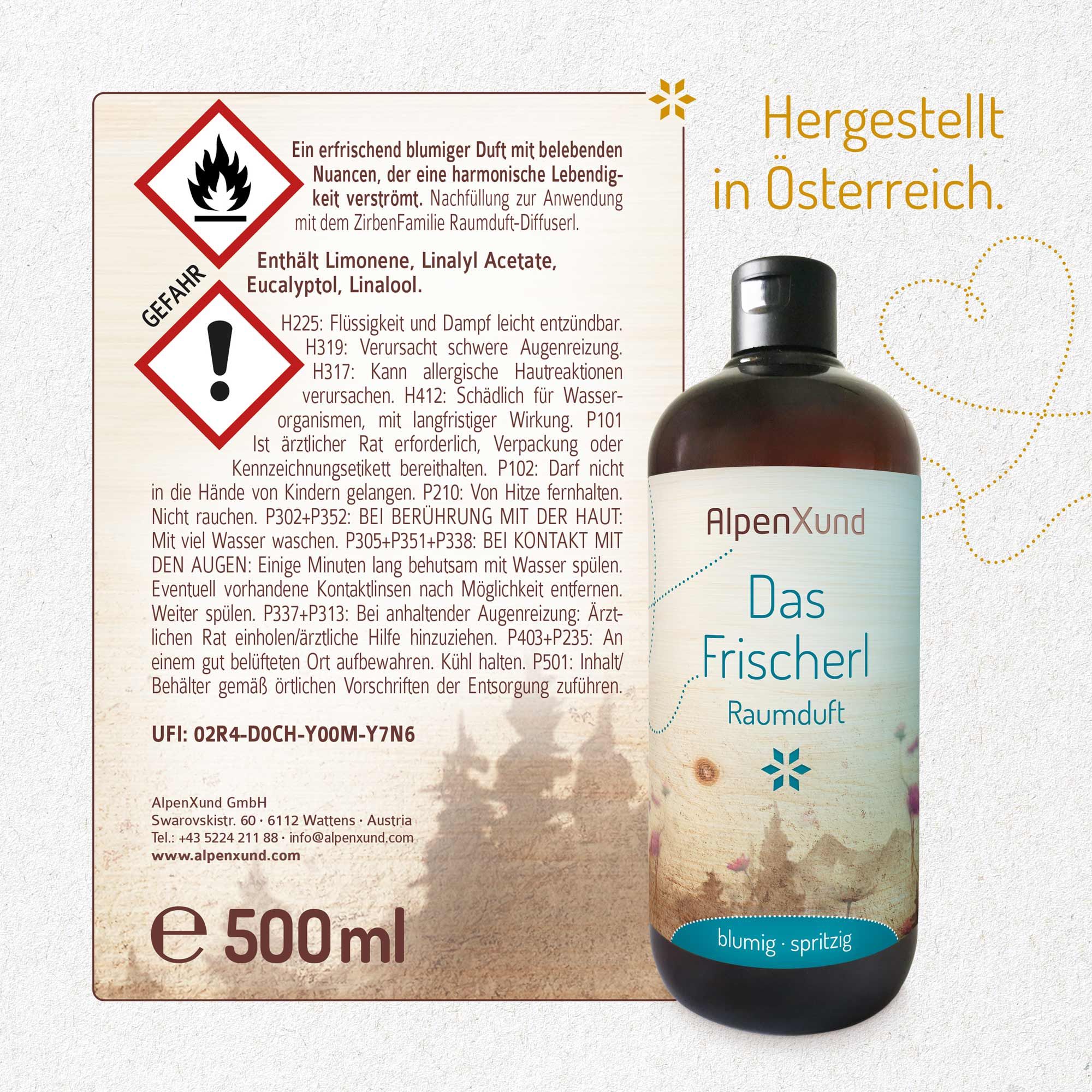 Braune Flasche mit schwarzem Deckel. Etikett mit Text und Gefahrensymbolen. Aufschrift: AlpenXund, Das Frischerl, Raumduft. 500ml.