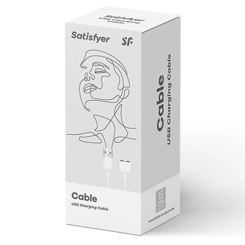 Weiße Produktverpackung mit "Satisfyer"-Logo und "Cable USB Charging Cable"-Text. Abbildung eines Gesichts. 15 Jahre Garantie.