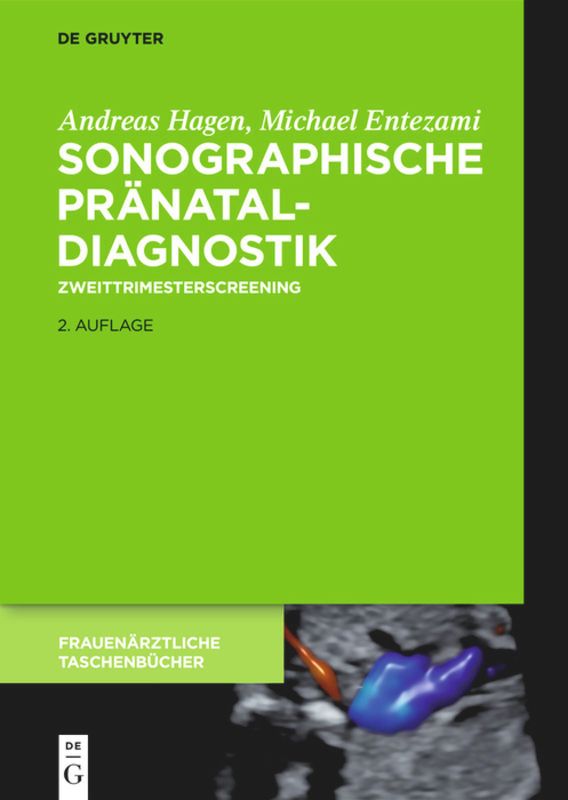 Buchcover: Sonographische Pränataldiagnostik. Titel, Autoren, Auflage. Grüner Hintergrund, Ultraschallbild.