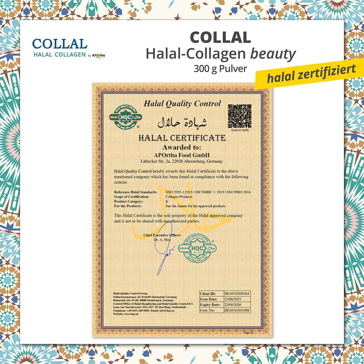 Halal-Zertifikat. Ausgestellt für Aportha Food GmbH. Enthält Informationen zu Standards, Zertifizierungen und Unterschriften.
