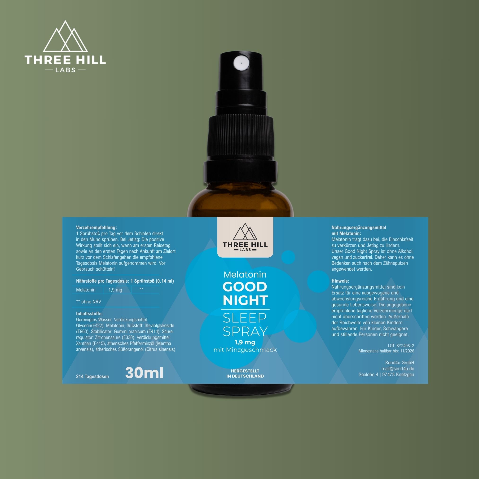 Produktflasche mit Etikett. Text: Melatonin Good Night Sleep Spray, 1,9 mg mit Minzgeschmack. 30ml. Inhaltsstoffe. Herstellerinformationen.