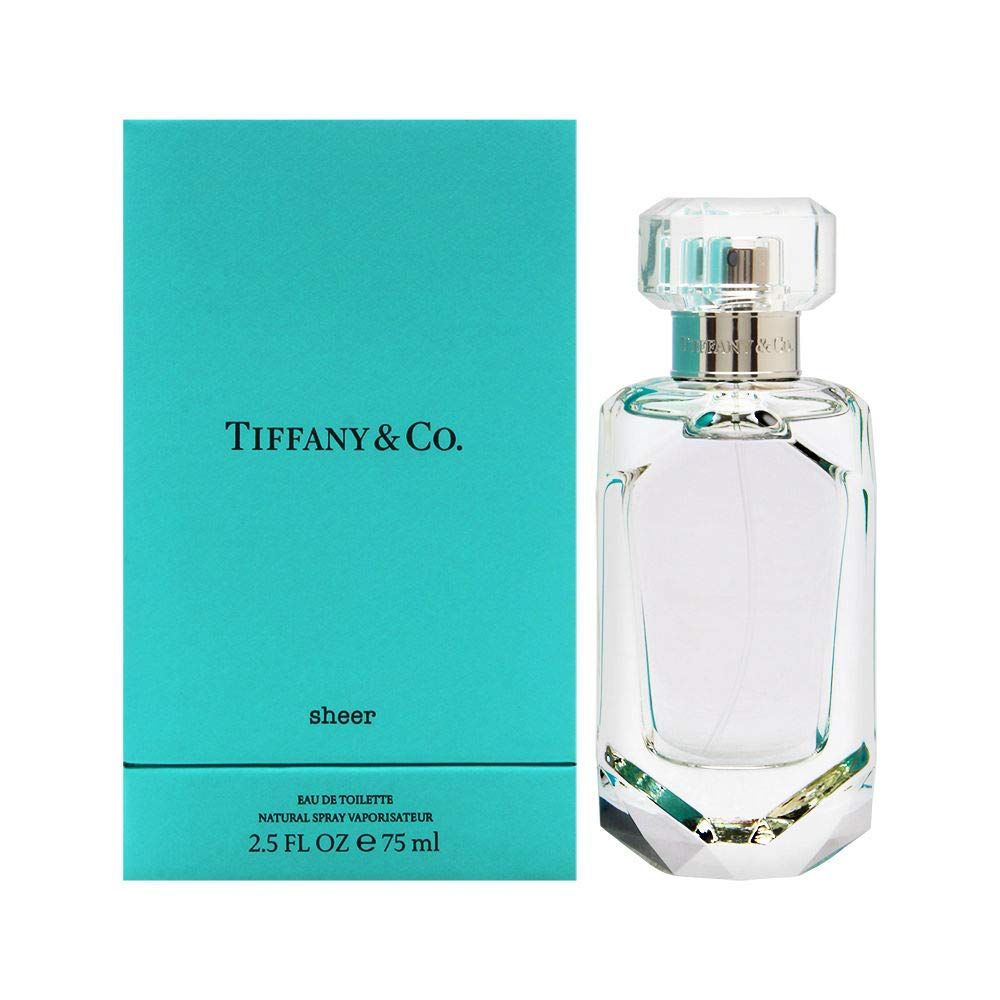 Türkisfarbene Schachtel und Parfumflakon. Auf der Schachtel steht "Tiffany & Co. sheer". Flakon mit silbernem Verschluss.