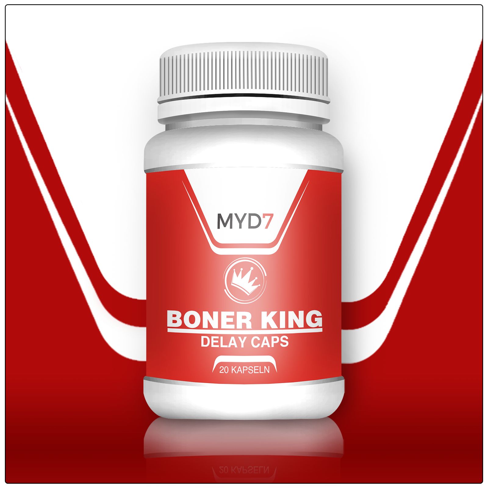 Weiße Flasche mit rotem Etikett. Aufschrift "Boner King Delay Caps" und "MYD7". Roter Hintergrund mit Reflexion.