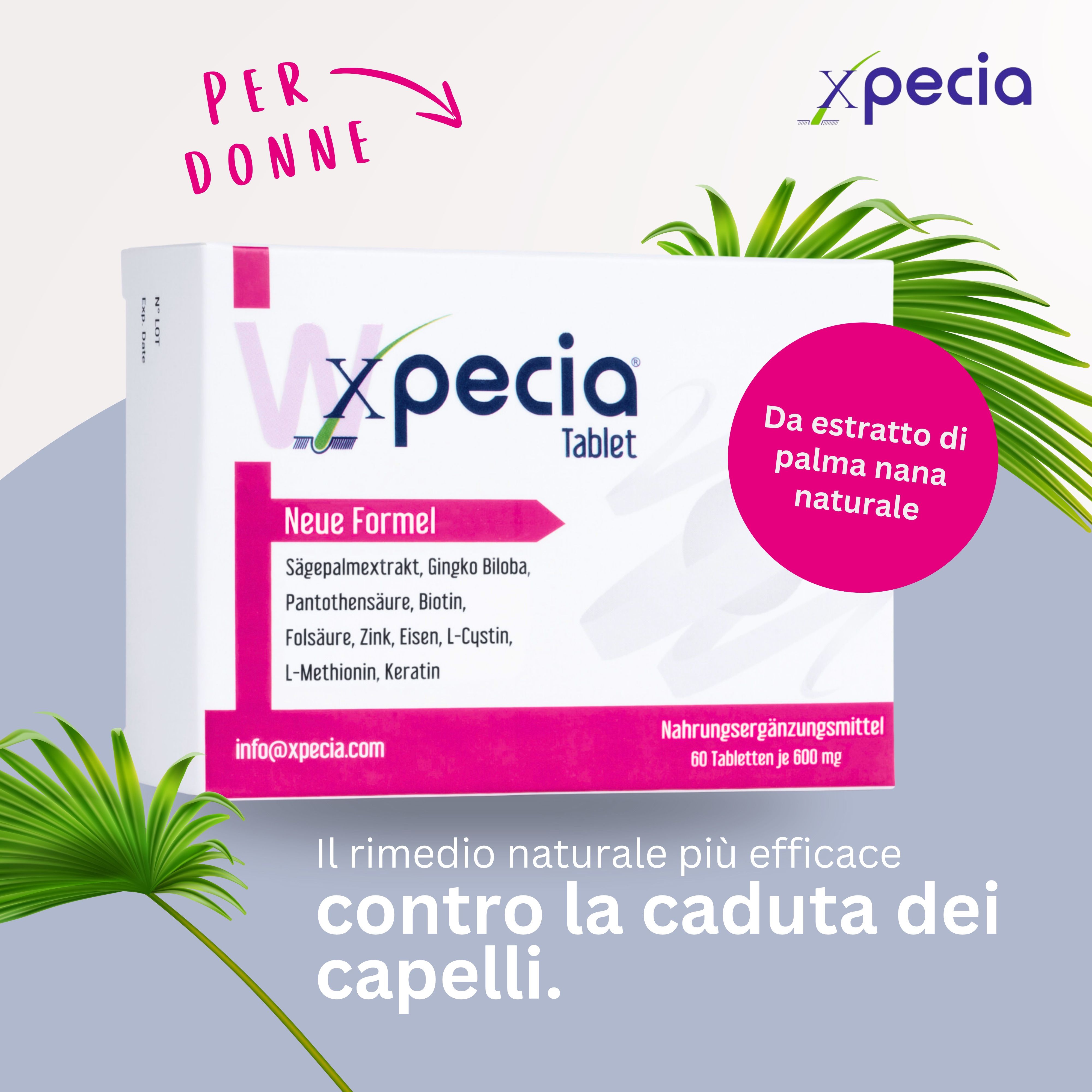 Confezione di compresse con informazioni sul prodotto. Scritta: Xpecia Tablet, Nuova formula, ingredienti. Testo: Integratore alimentare.