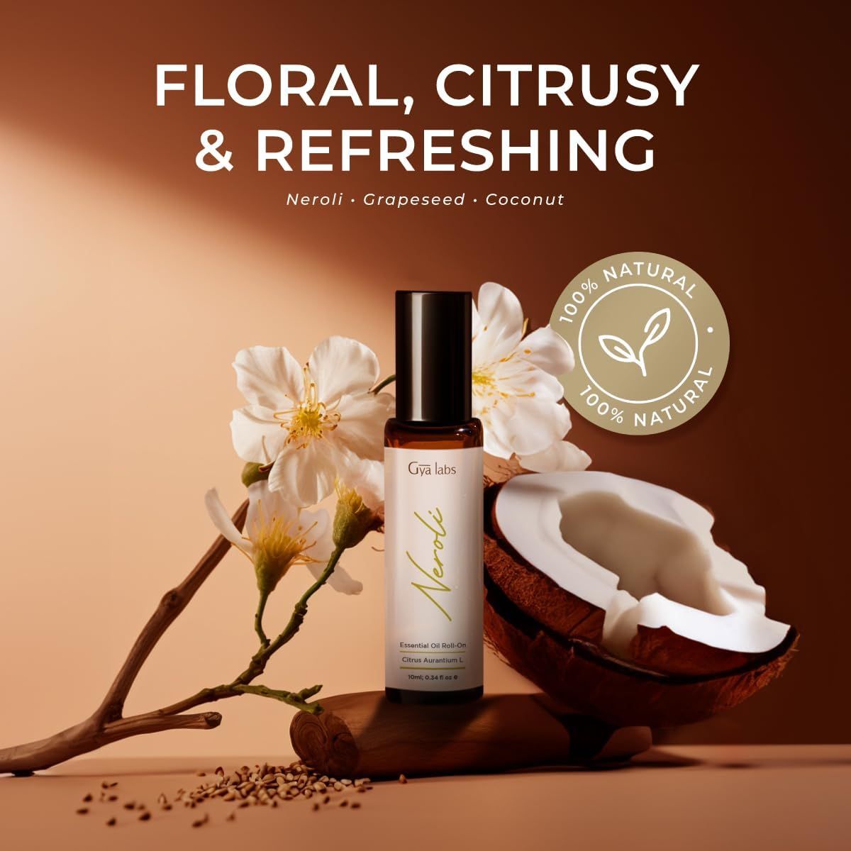 Neroli Öl Roll-on von Gya Labs. Flasche mit schwarzem Deckel, daneben Kokosnuss und Blüten. Text: „100% Natural“.