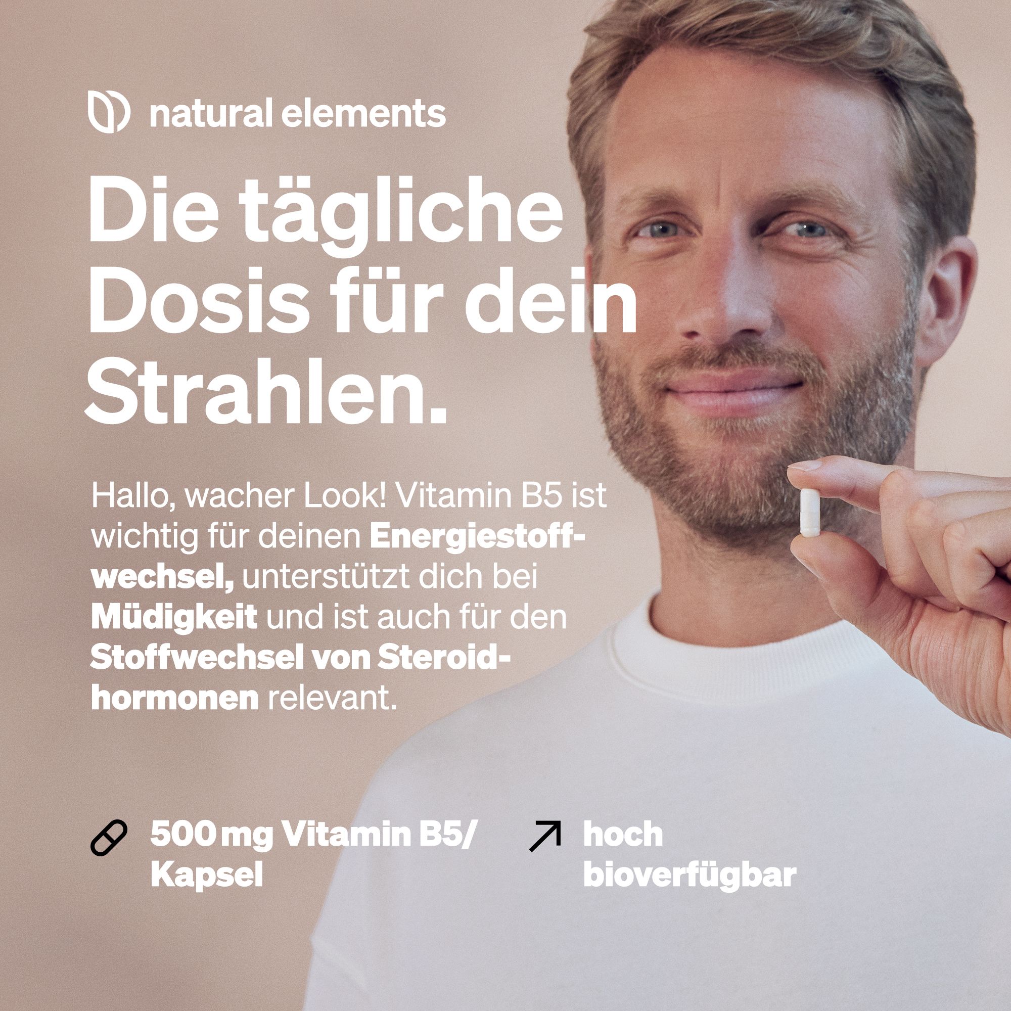 natural elements Vitamin B5 – 240 Kapseln - hochdosierte 500 mg Pantothensäure