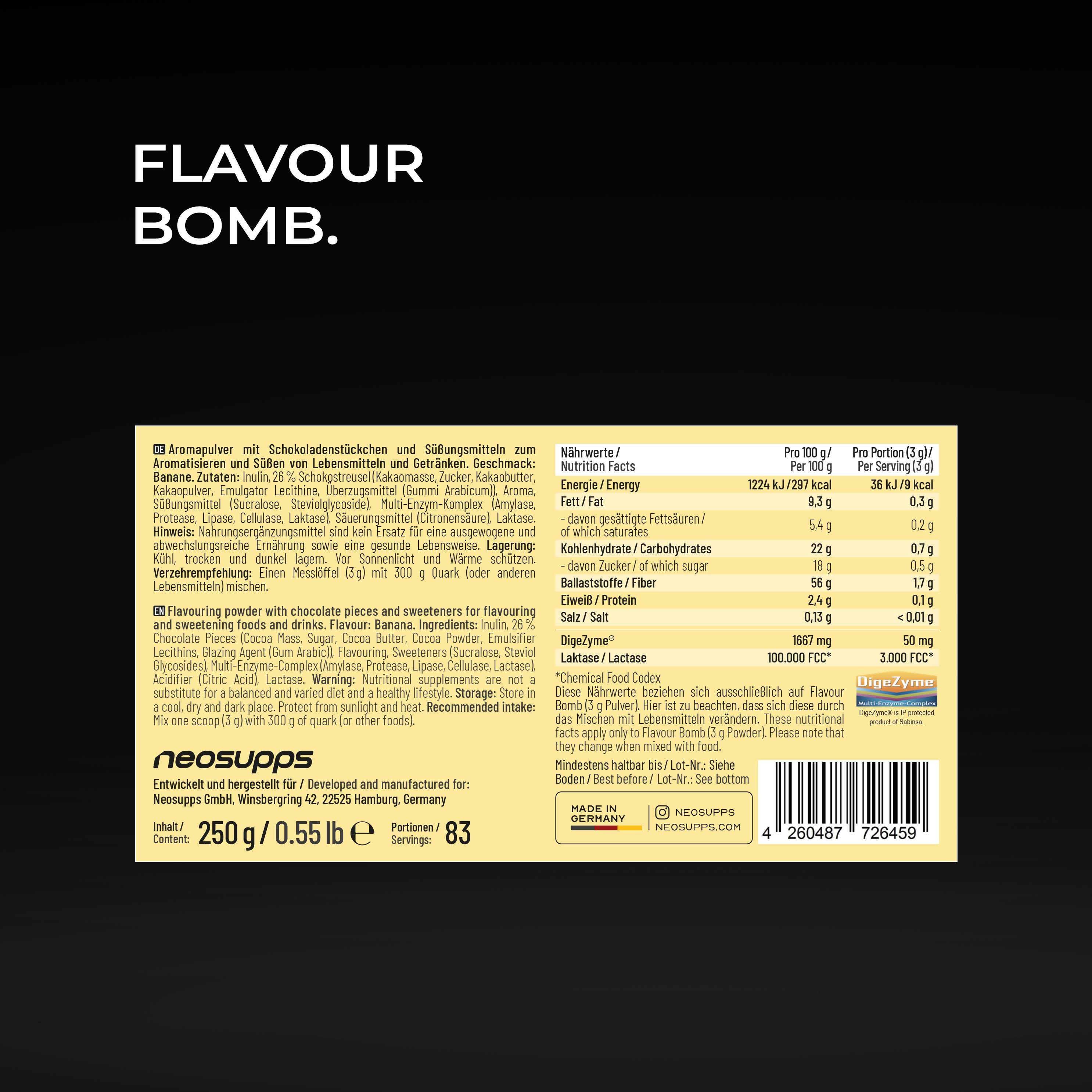 Neosupps Flavour Bomb Banana Split Pulver mit Schokostückchen.