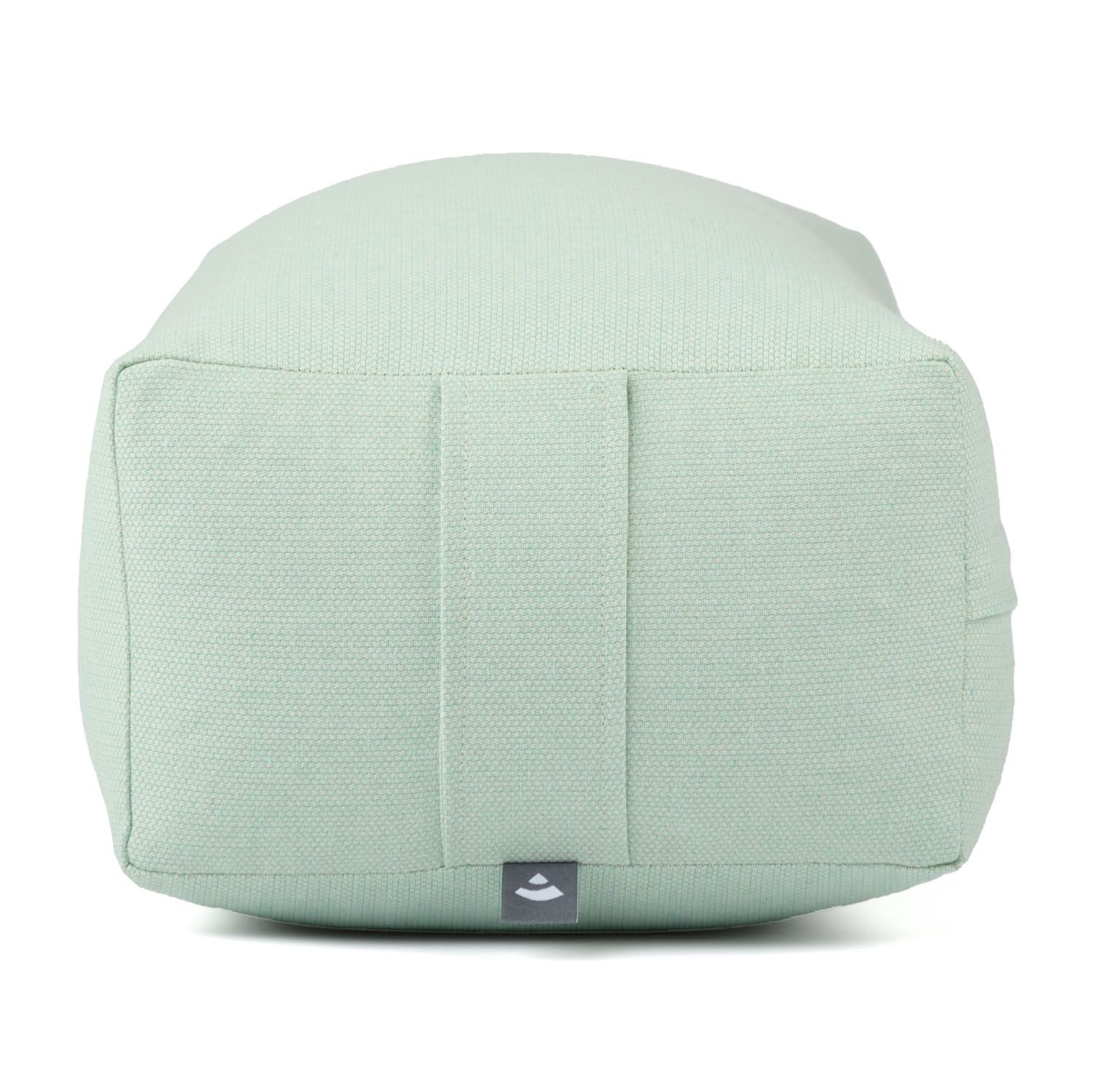 Minzfarbenes Yoga-Bolster. Rechteckige Form, Dobby-Gewebe. Logo-Detail. Nahtdetails.