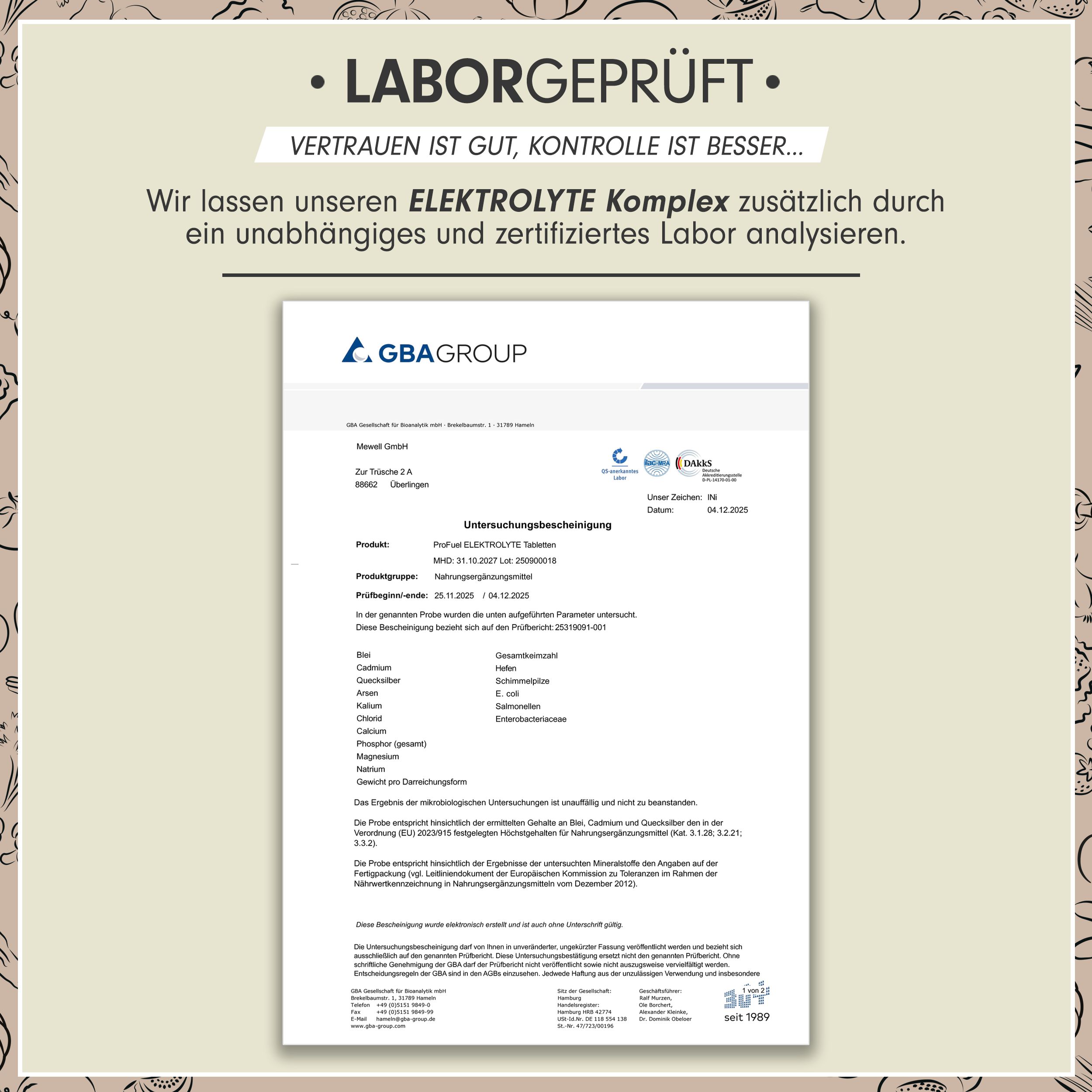 Laborgeprüftes Zertifikat. Dokument von GBA Group. Analyse von Elektrolyte Komplex. Bestätigung der Qualität und Reinheit.