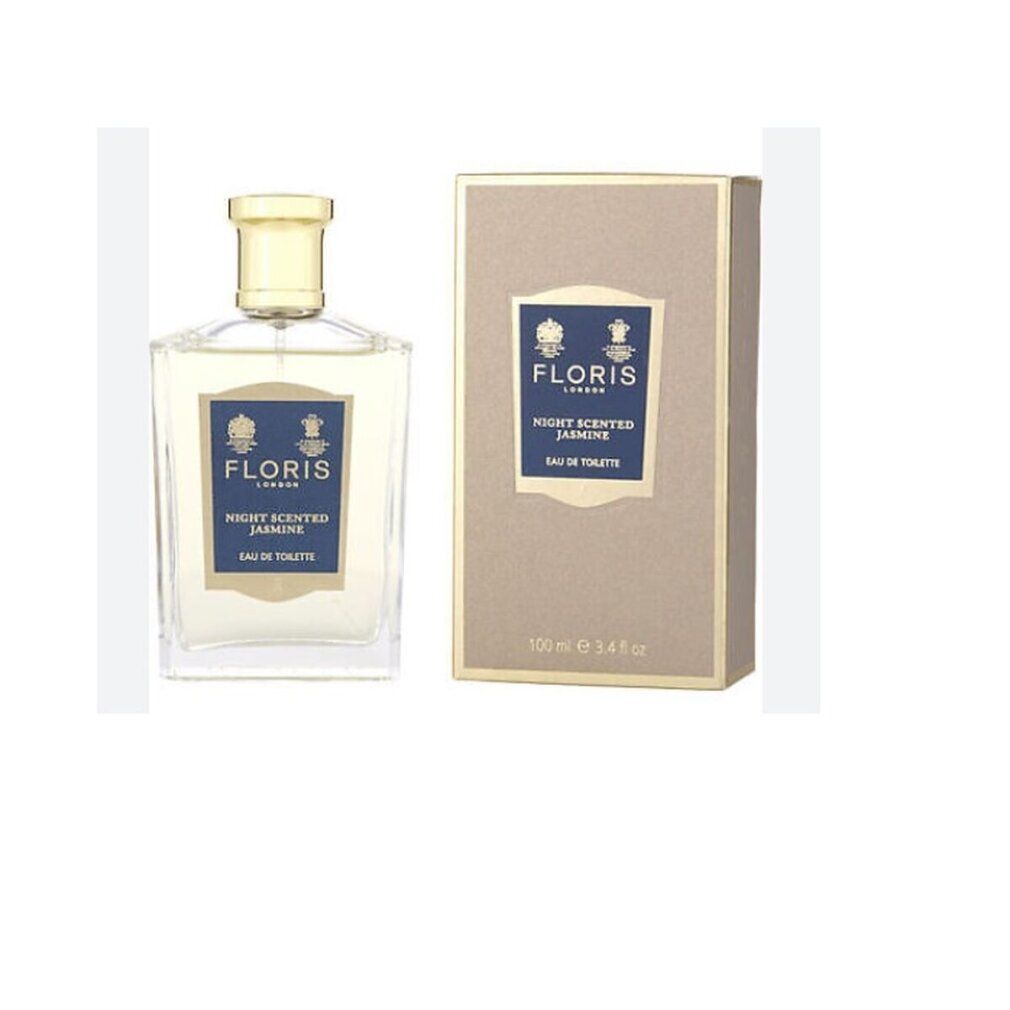 Floris Night Scented Jasmine Eau de Toilette Flakon und Karton, leicht von der Seite.