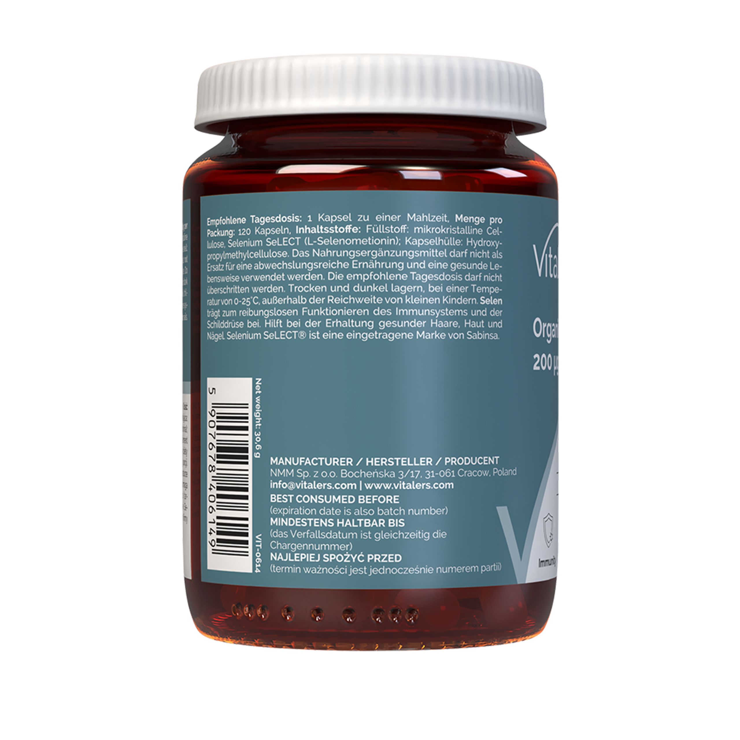 Rückseite der Vitaler’s Organic Selenium 200 µg Kapseldose mit Herstellerangaben.