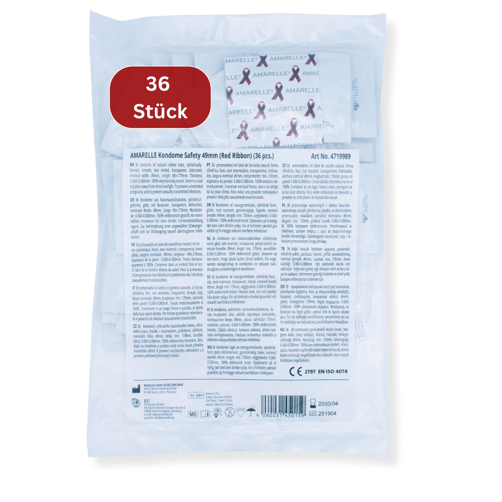 Packung mit 36 Kondomen. AMARELLE Kondome Safety 49mm. Einzelverpackte Kondome mit rotem Bandmuster. Text und CE-Kennzeichnung.