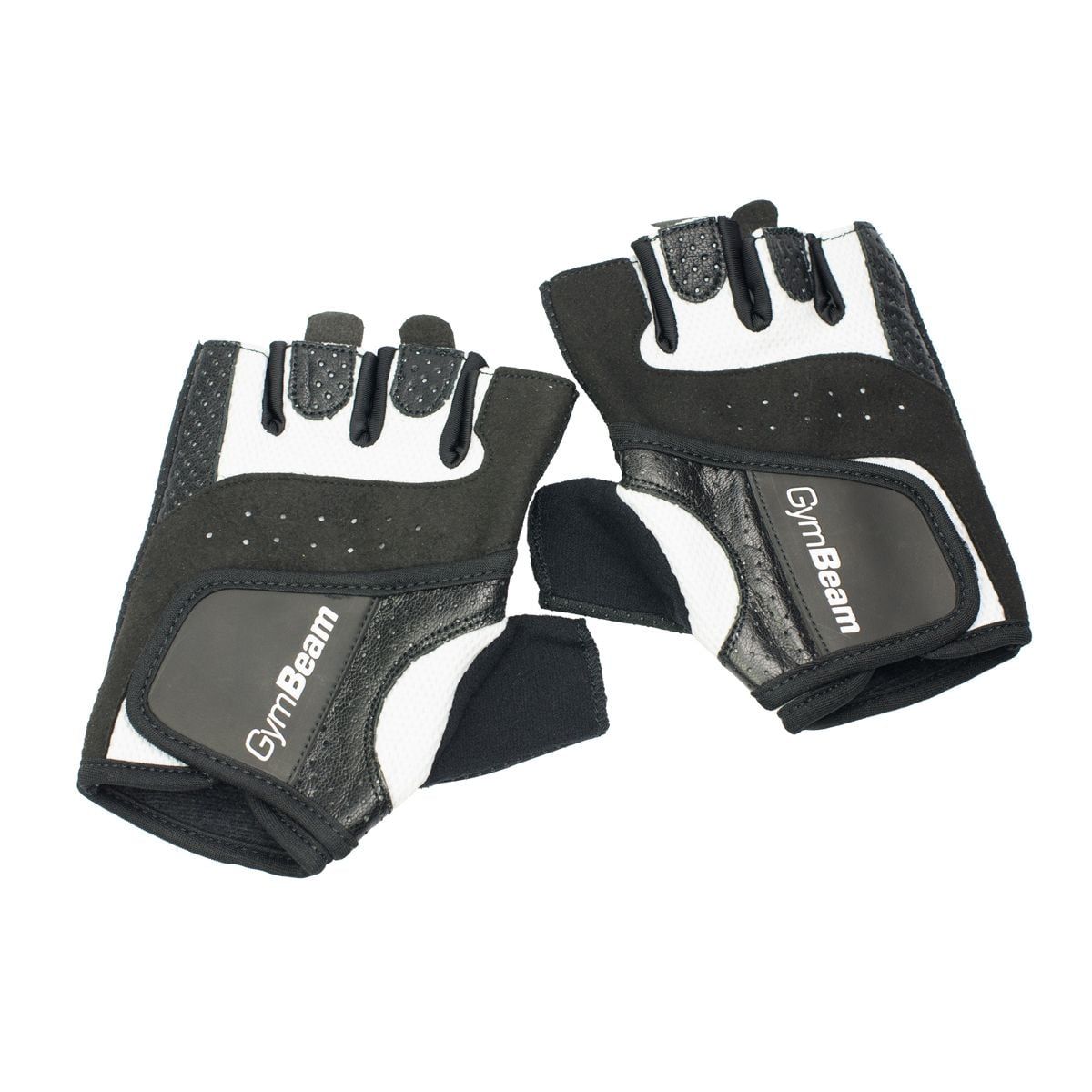 Paar schwarze und weiße Leder-Fitnesshandschuhe für Damen, mit GymBeam-Logo auf der Handfläche.