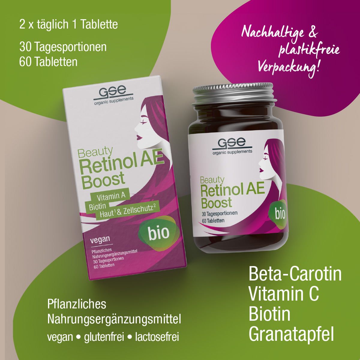 GSE Beauty Retinol AE-Boost Bio. Dose und Schachtel. Vegan, 60 Tabletten. Bio-Siegel. Text: Beta-Carotin, Vitamin C, Biotin.