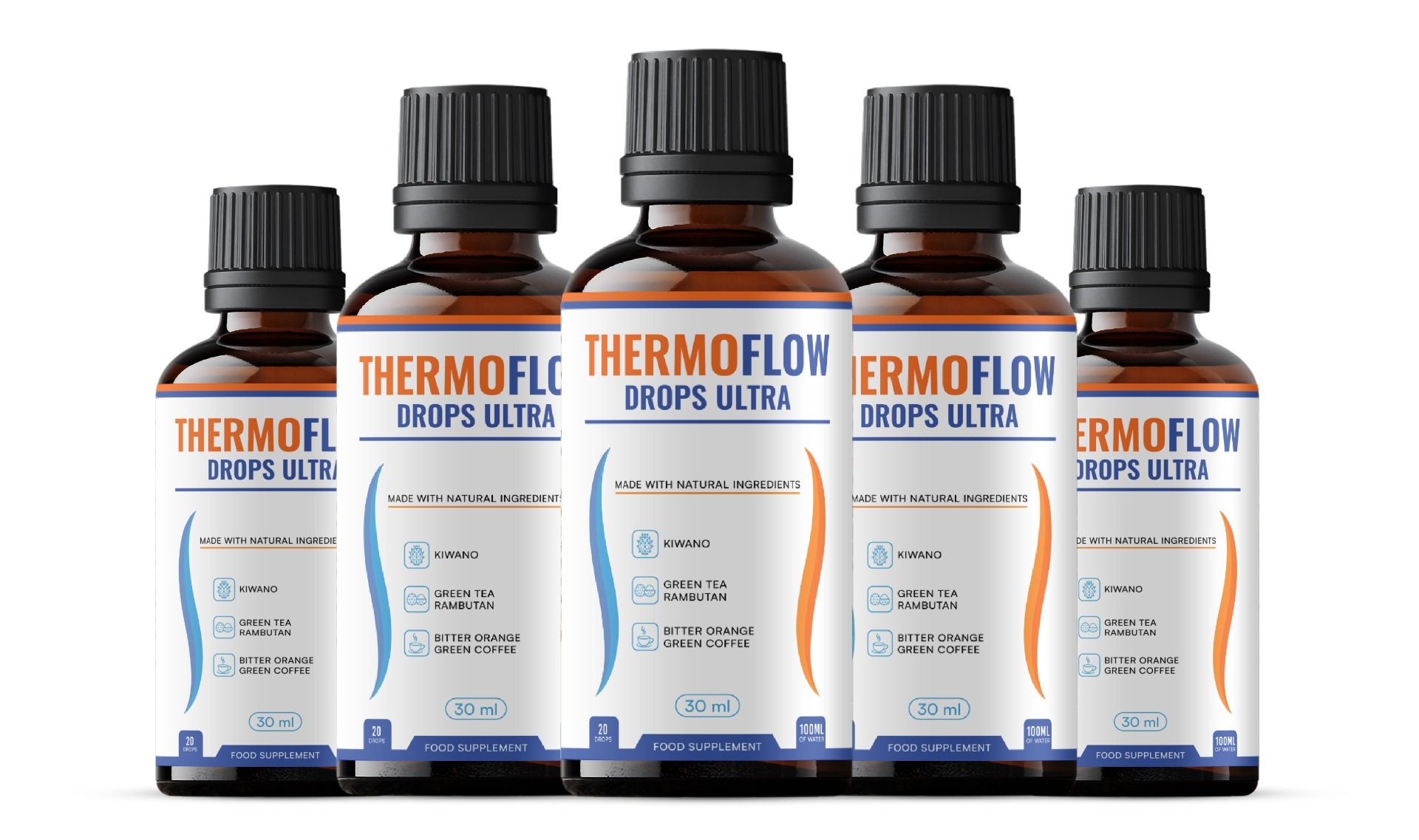 Fünf braune Tropfflaschen mit schwarzem Deckel und weißem Etikett. "THERMOFLOW DROPS ULTRA" ist auf dem Etikett zu sehen.