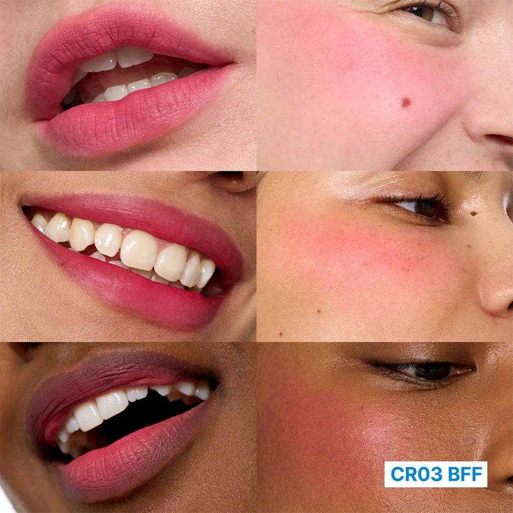 Collage: Lippen und Wangen mit rosa Farbe. Zeigt verschiedene Hauttöne und Lippenformen.