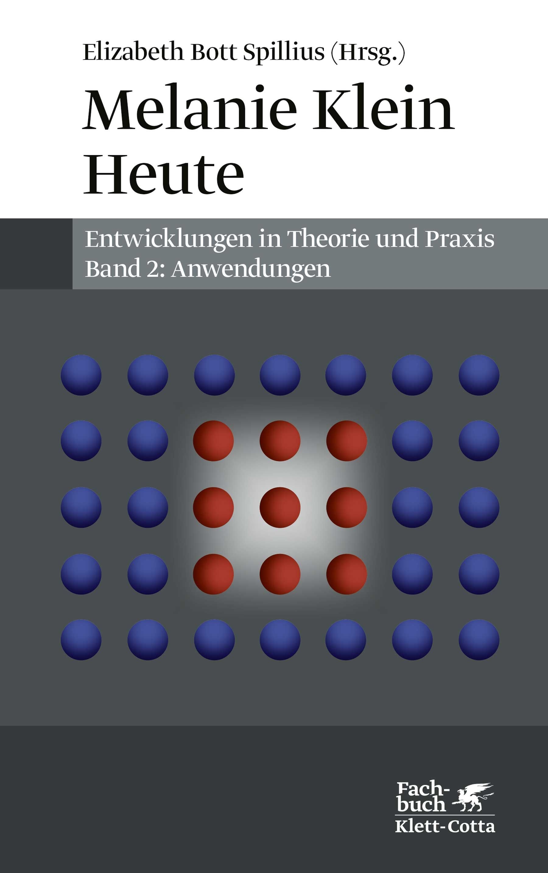 Buchcover: Melanie Klein Heute. Titel und Autor. Abbildung mit blauen und roten Kugeln auf grauem Hintergrund. Verlag Klett-Cotta.