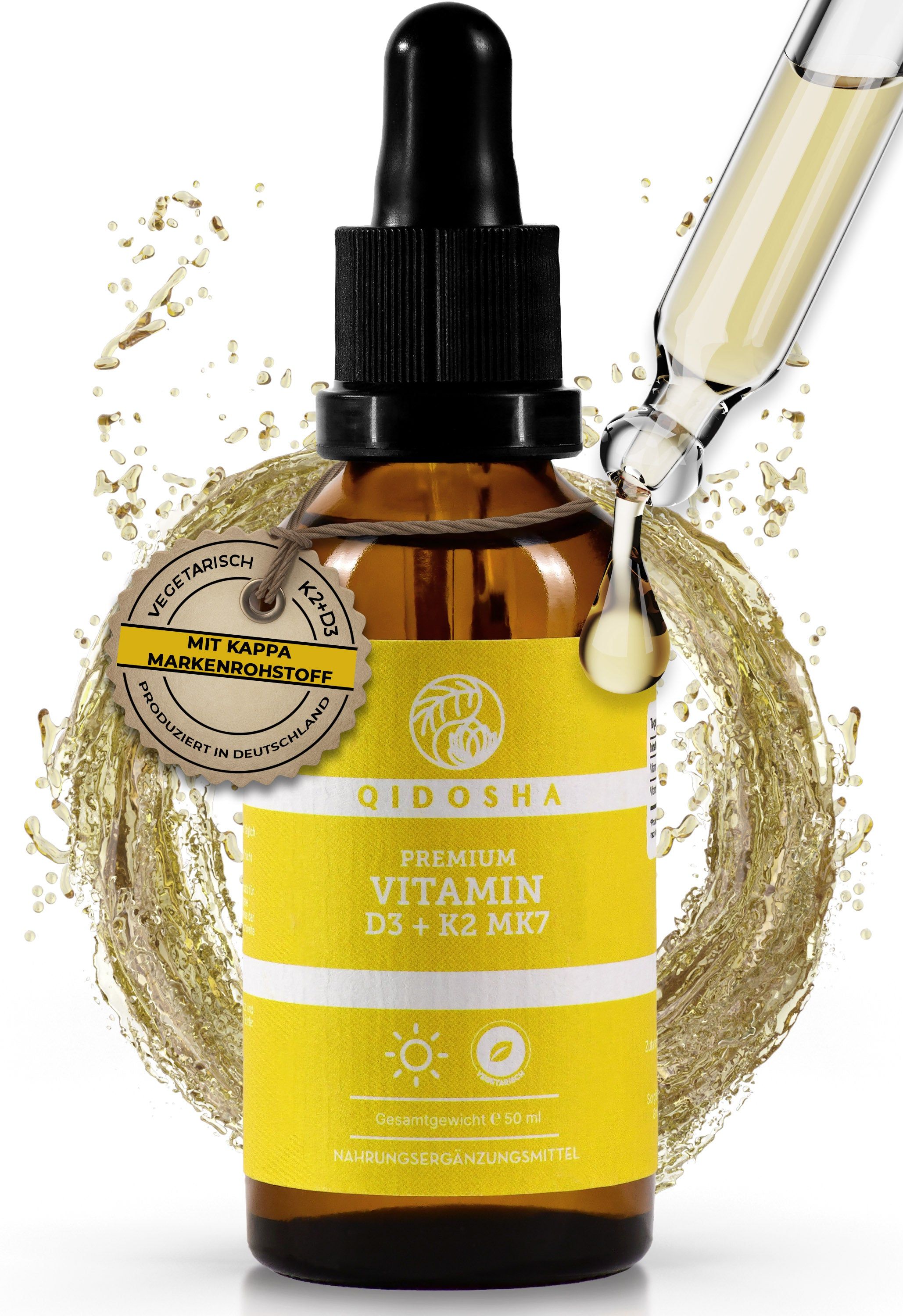QIDOSHA Vitamin D3+K2 MK7 Tropfen: Glasflasche mit Pipette, umgeben von goldenen Flüssigkeitsspritzern und einem Siegel.