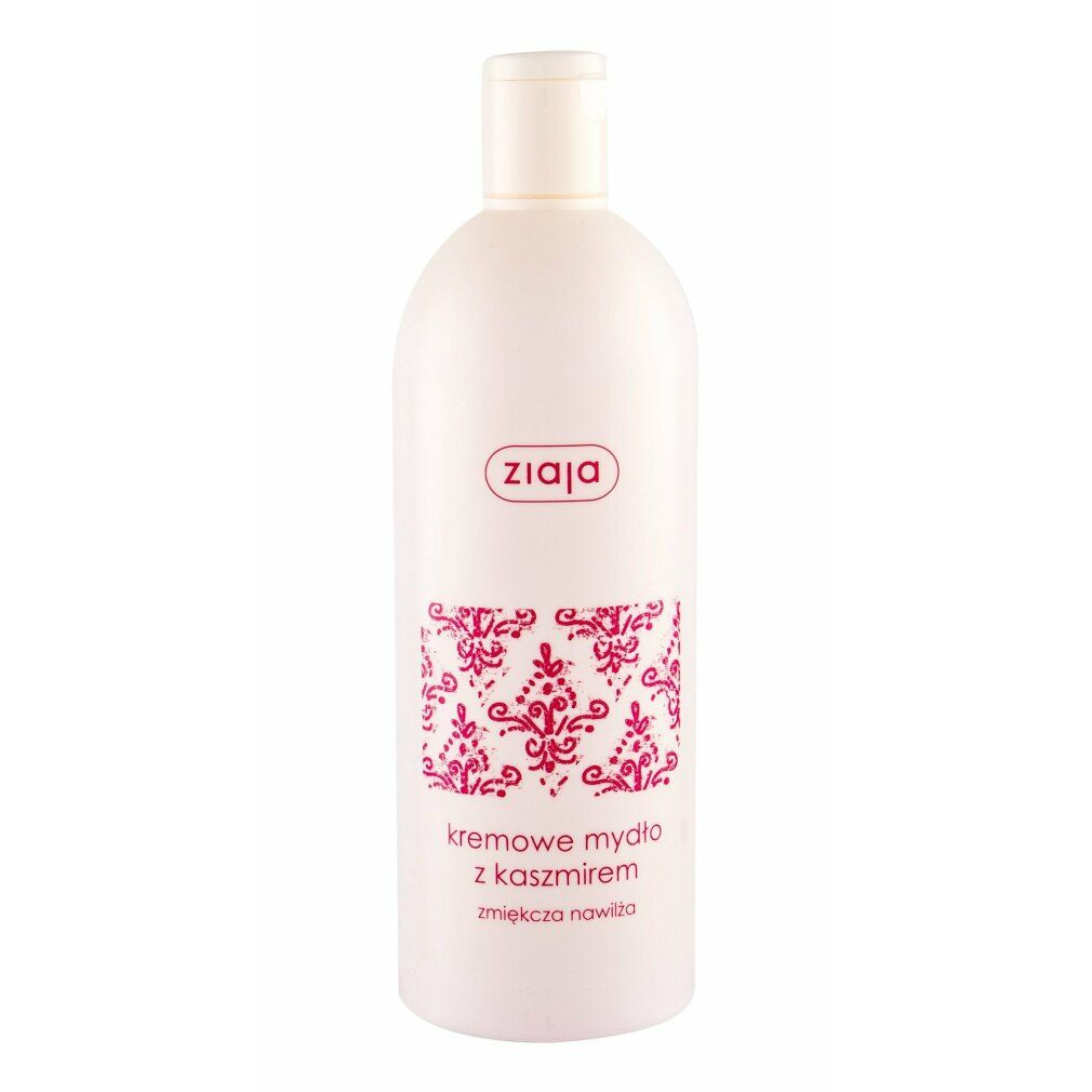 Flasche Creme-Körperseife mit Kaschmir. Weißes Behältnis mit rosa Etikett und Schriftzug. Marke: ziaja.