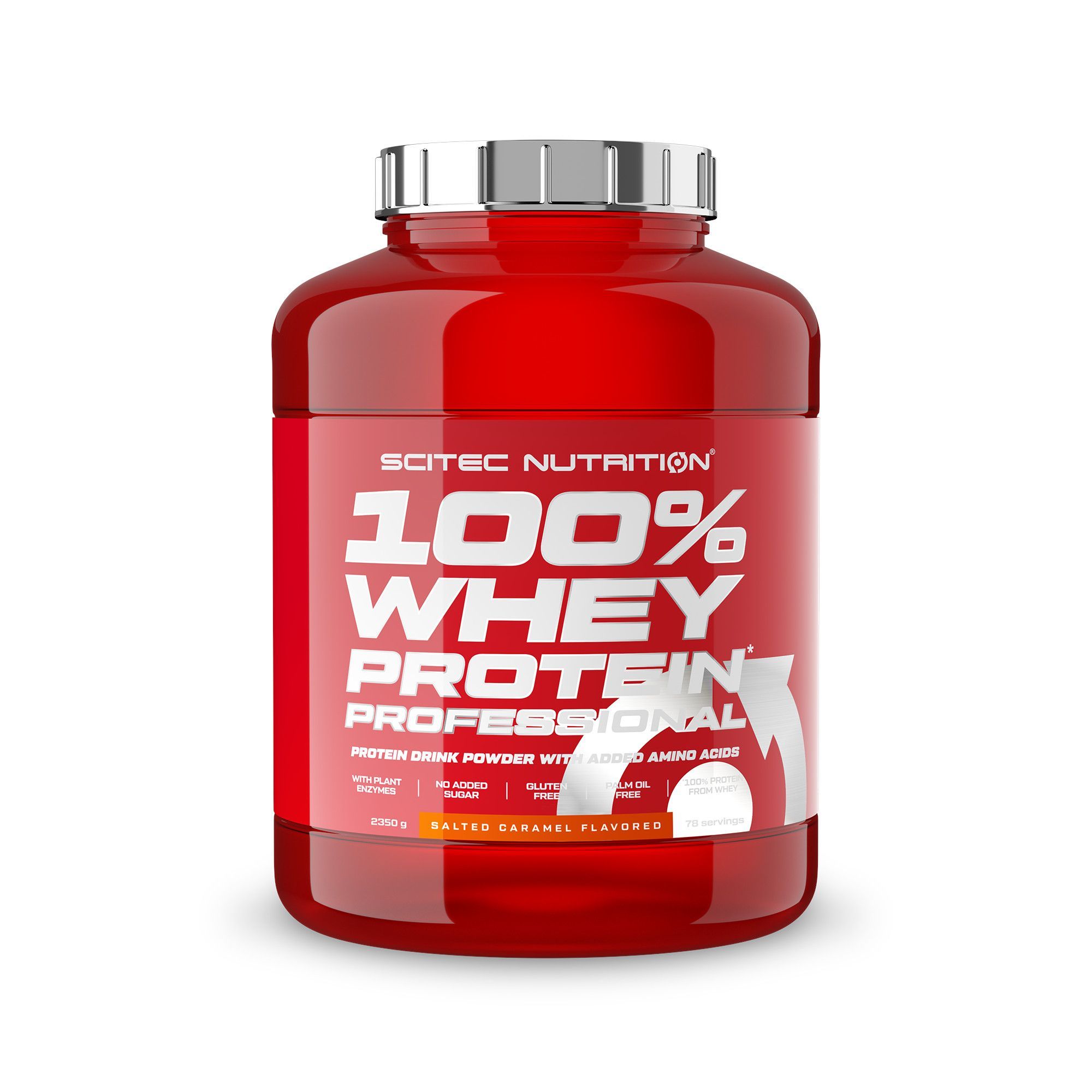 Rote Dose Scitec Nutrition 100% Whey Protein Professional, Salted Caramel Geschmack.