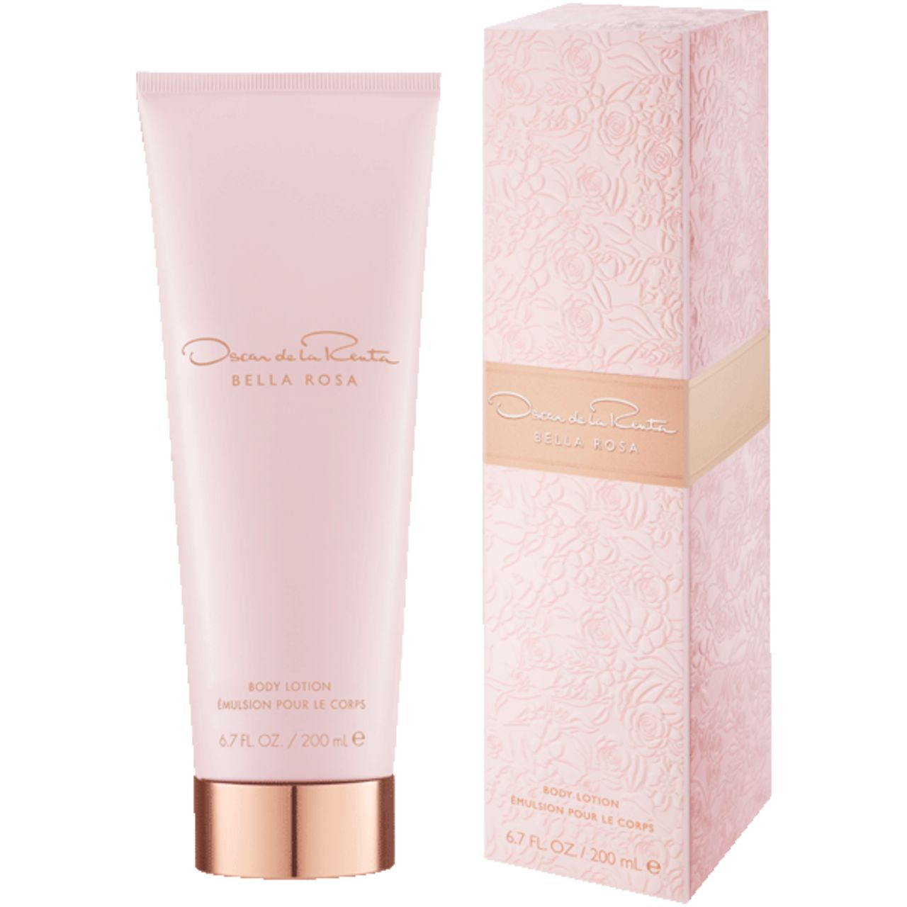 Rosa Körperlotion-Tube und Schachtel. Goldfarbener Schriftzug: Oscar de la Renta, Bella Rosa. Schachtel mit Rosenmuster.