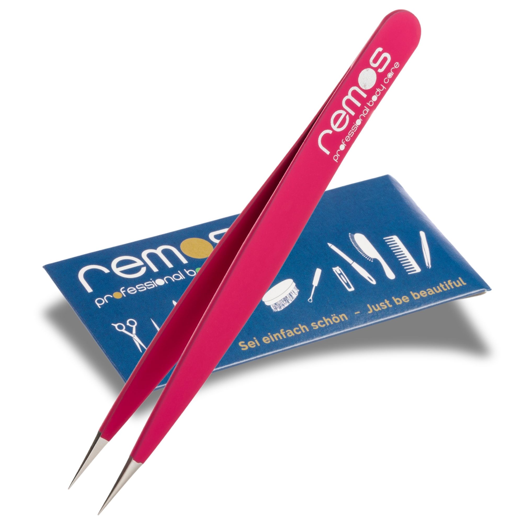 Fuchsia REMOS Splitterpinzette liegt auf einer Informationskarte mit Produktabbildungen.