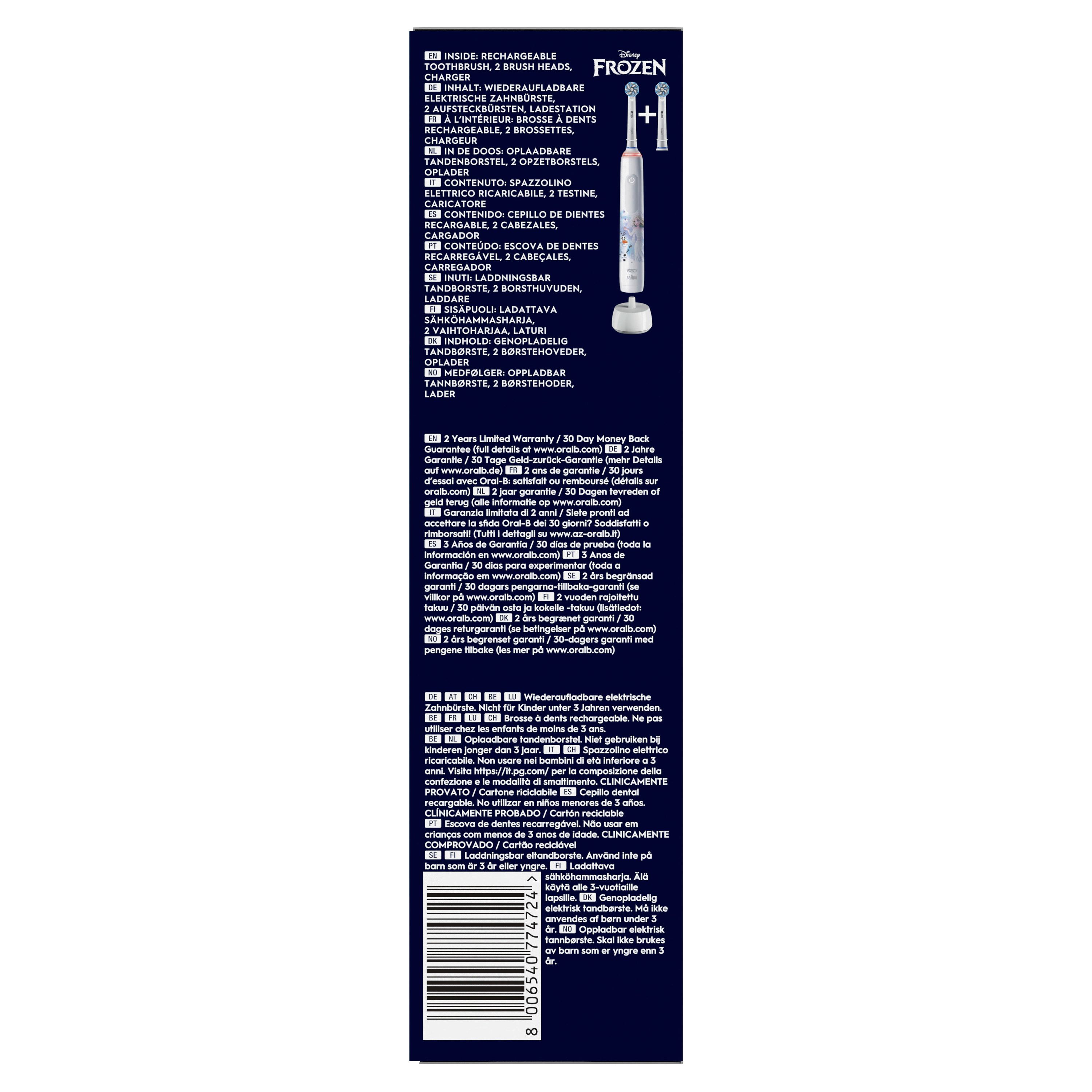 Oral-B Pro Junior 6+ Frozen Kinderzahnbürste. Rückseite der Verpackung mit Produktinformationen und Garantie.