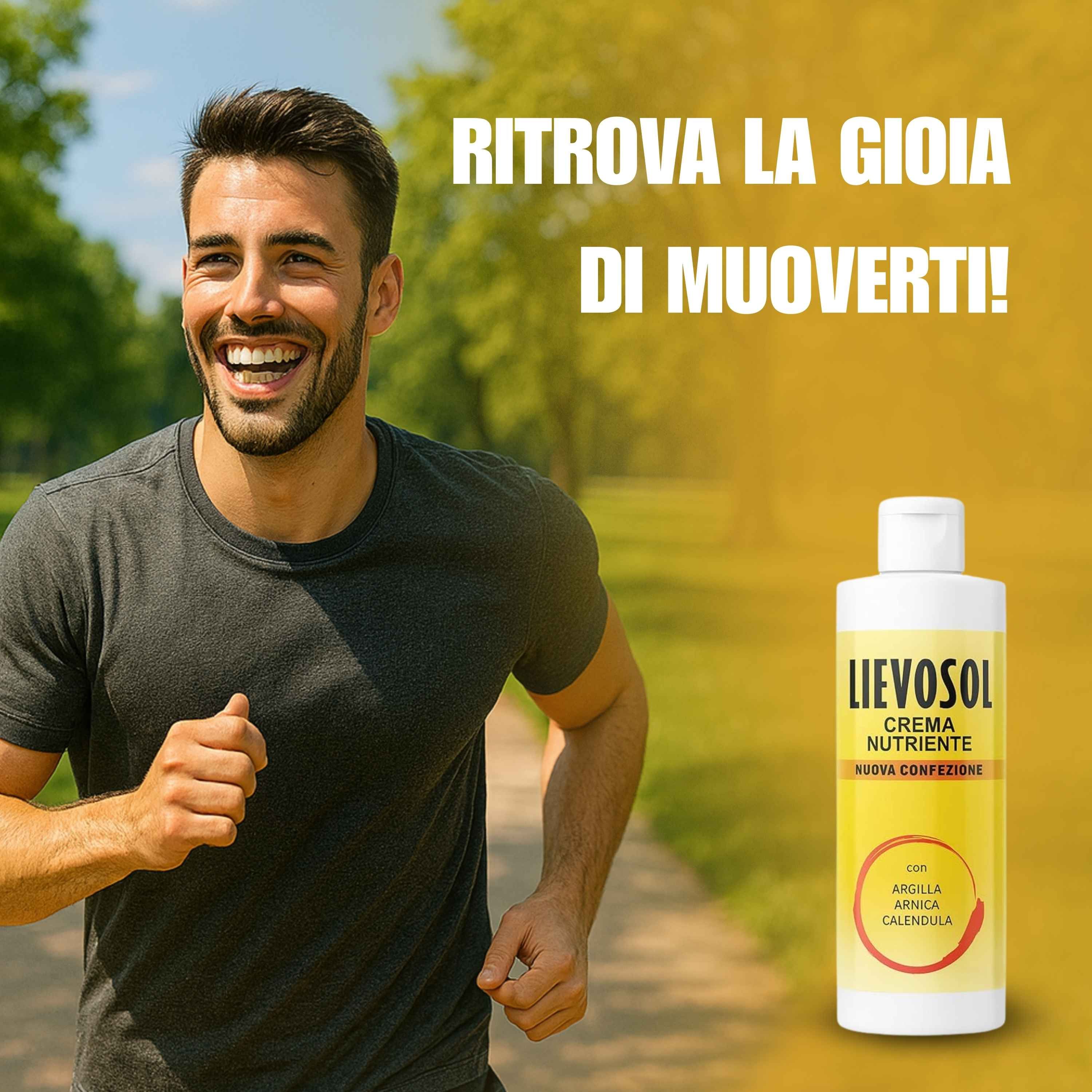 Läufer mit Lieveosol Creme, die eine Flasche hält.