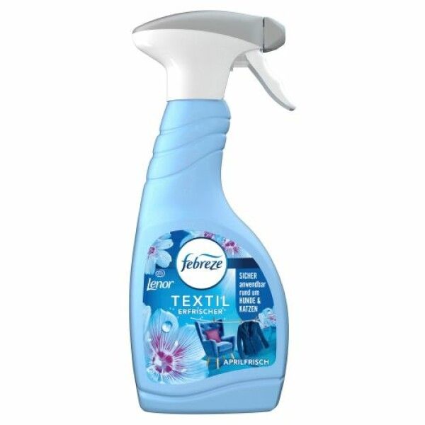 Hellblaue Sprühflasche mit weißem Sprühkopf. Aufschrift: Febreze, Lenor Textil Erfrischer Aprilfrisch. Illustrationen von Blumen.
