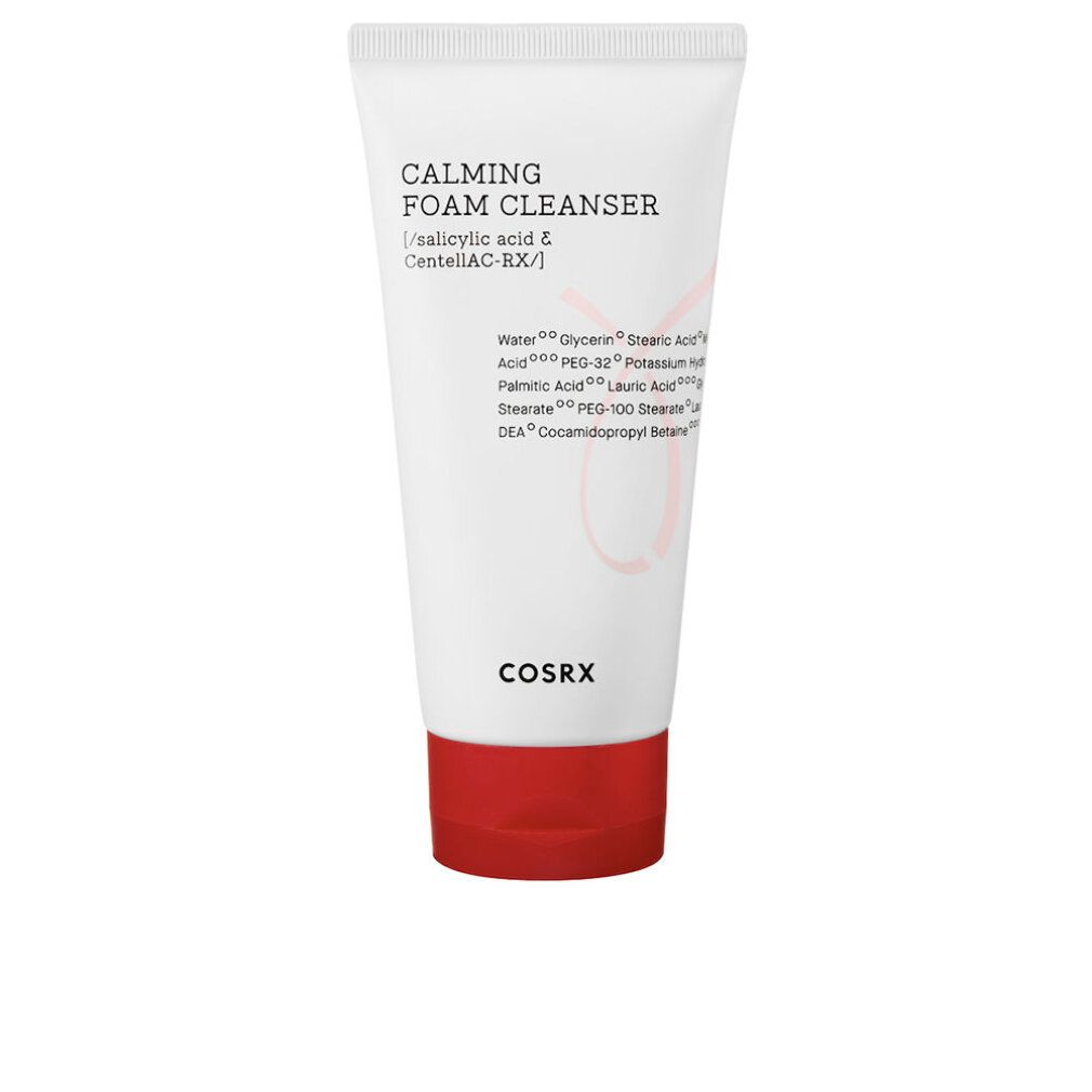 Weiße Tube mit rotem Deckel. Aufschrift: CALMING FOAM CLEANSER, Inhaltsstoffe. Marke: COSRX.