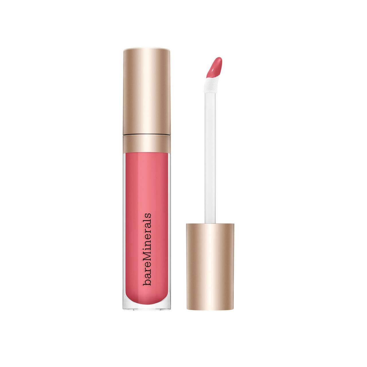 Lipgloss-Tube mit goldfarbenem Deckel und Applikator. Der Applikator ist aus dem Tube gezogen. Auf dem Tube steht "bareMinerals".