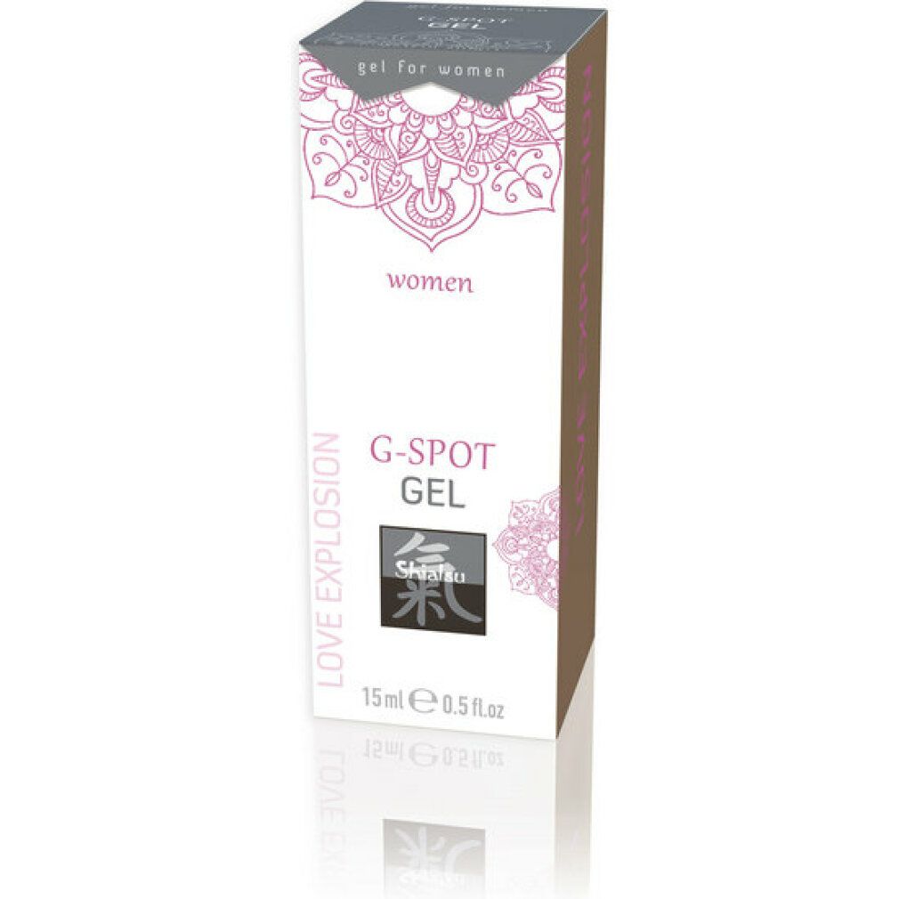 Kartonverpackung für G-SPOT GEL. Weiß mit rosa Mandala-Design. Text: "gel for women", "women", "G-SPOT GEL", "Shiatsu", 15ml 0.5 fl.oz.