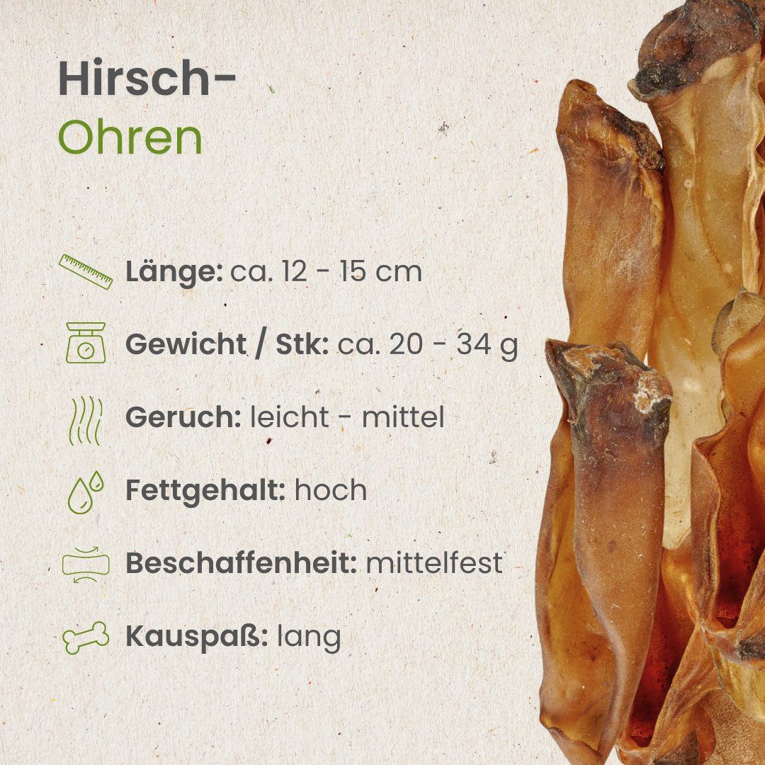 Hirsch-Ohren, ca. 12-15 cm lang, 20-34 g schwer, leicht bis mittel riechend, hoher Fettgehalt.