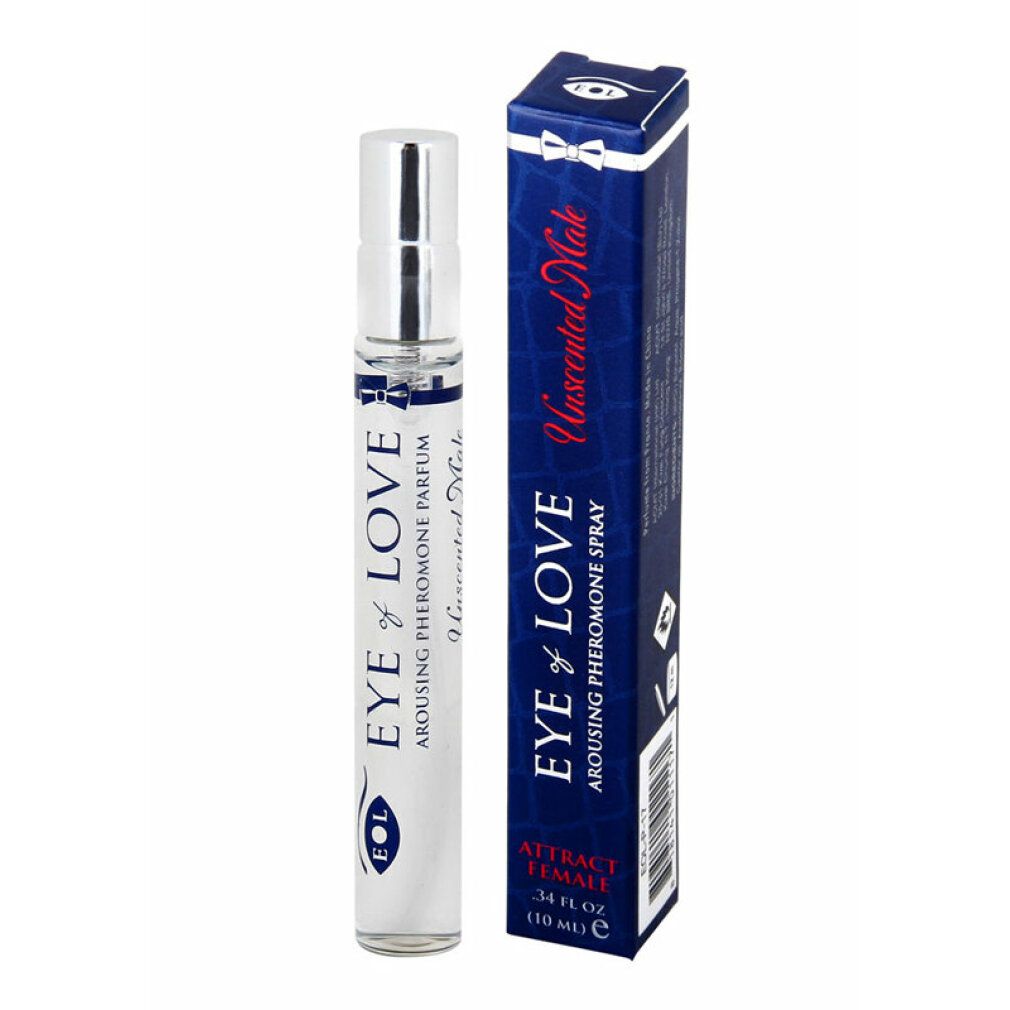 Klarer Flakon mit silbernem Sprühkopf und blauer Schrift. Arousing Pheromone Spray. Blaue Verpackung, blaue Schrift.