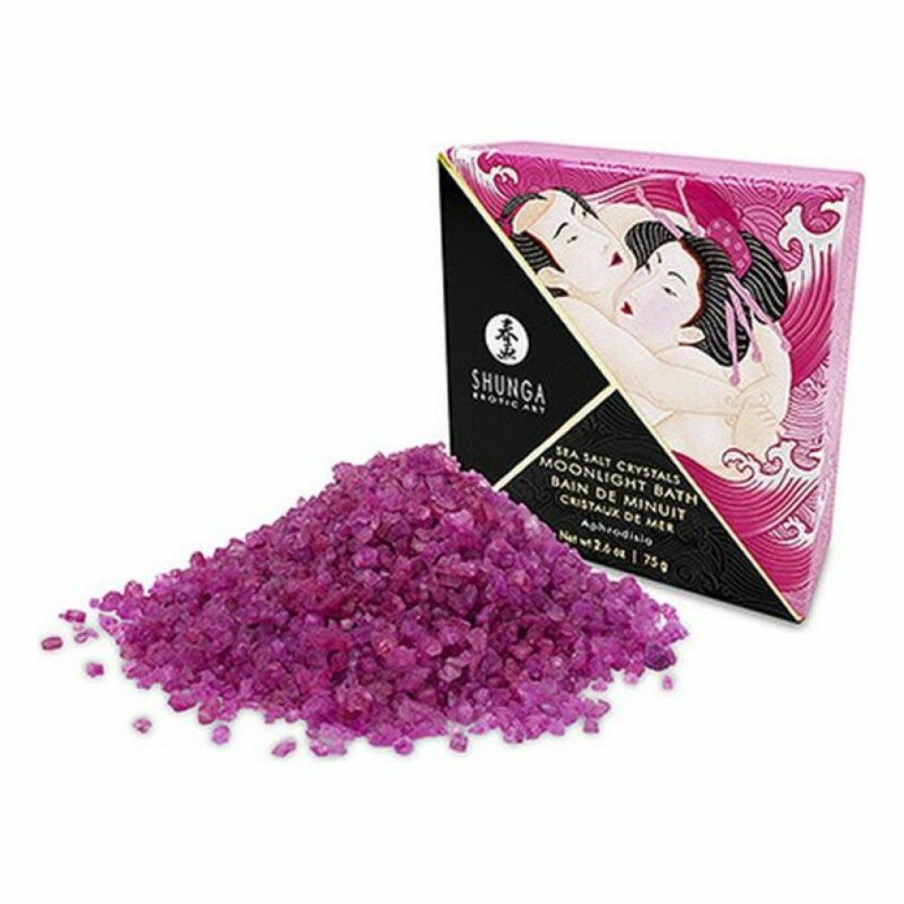 Lila Badesalz-Kristalle neben einer Schachtel mit der Aufschrift 'Shunga Moonlight Bath'.