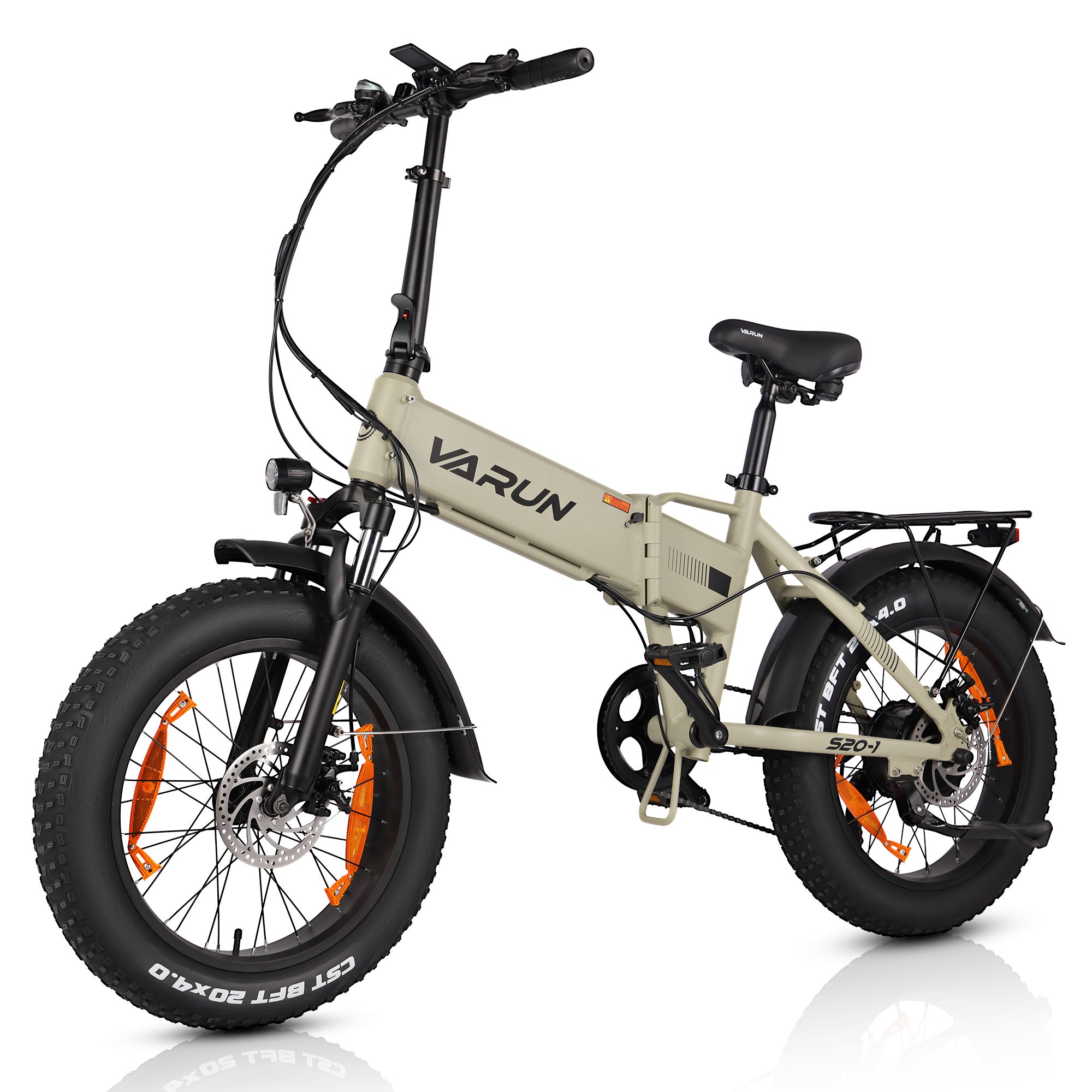 Faltbares E-Bike VARUN S20-1. Beige Rahmen, schwarze Details. Fat Tire Reifen. Gepäckträger.